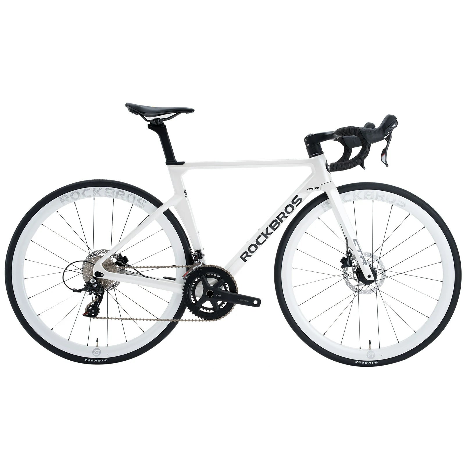Rockbros carbon road bike in deep black with disc brakes and integrated carbon handlebar#COLOR_White