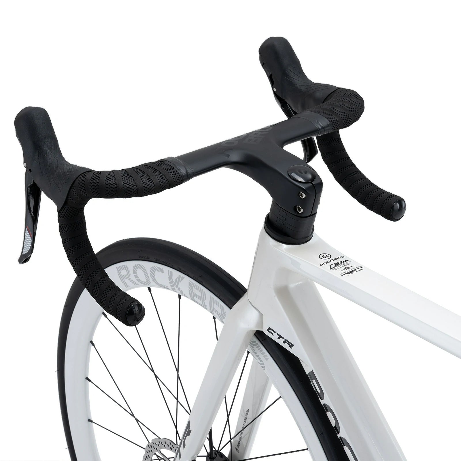 Rockbros carbon road bike in deep black with disc brakes and integrated carbon handlebar#COLOR_White