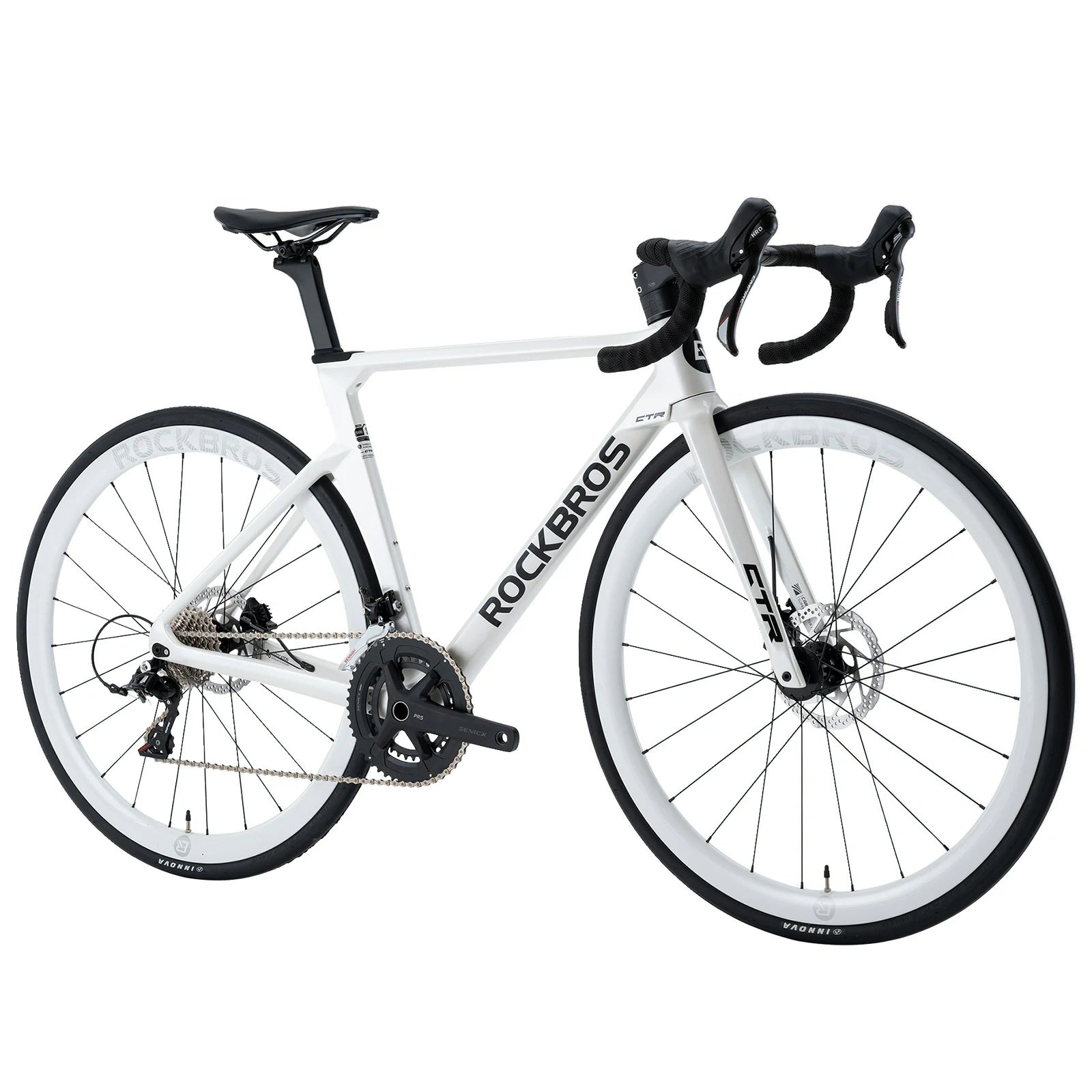 Rockbros carbon road bike in deep black with disc brakes and integrated carbon handlebar#COLOR_White