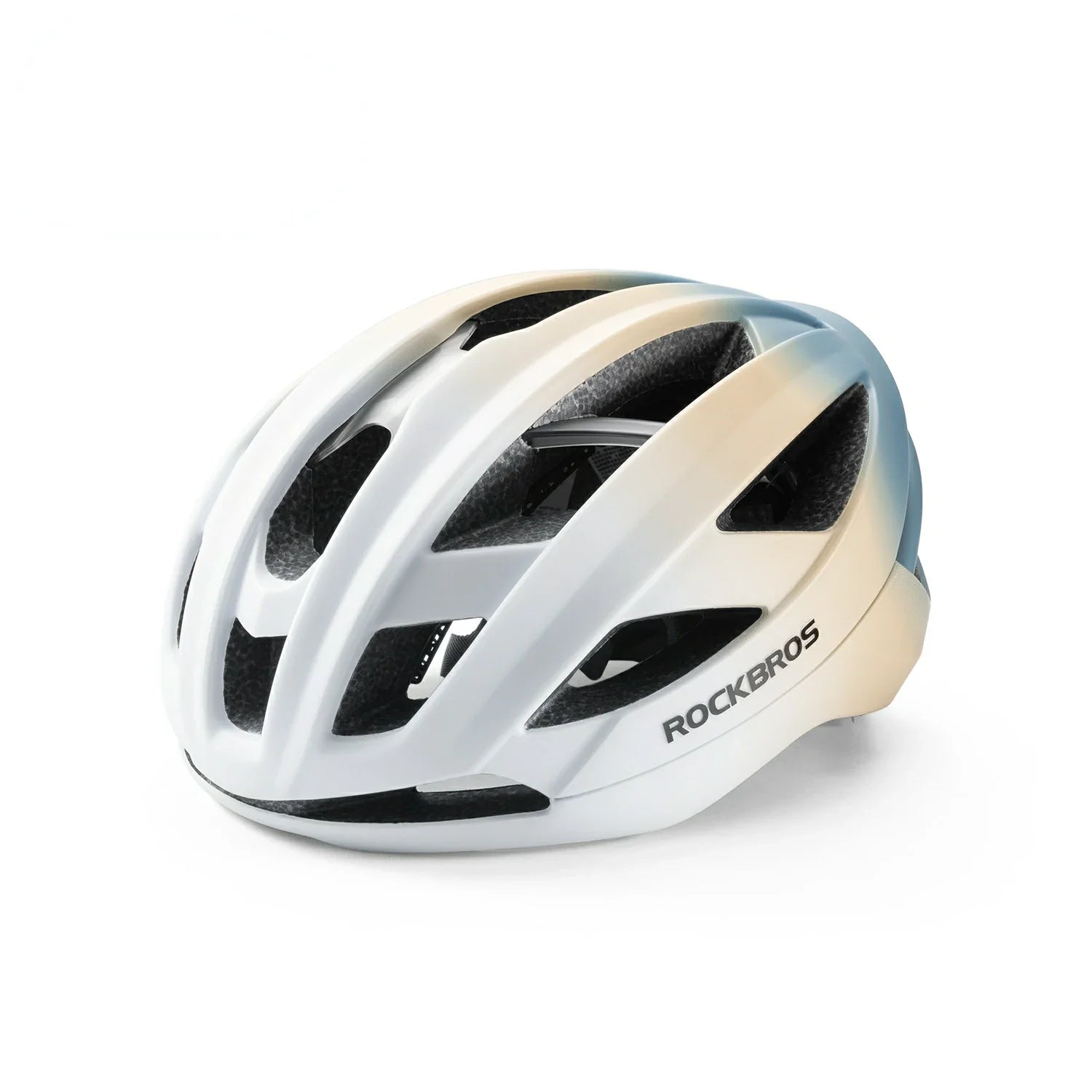 ROCKBROS cycling helmet LK-69 with bionic support structure, offering enhanced impact protection, comfort, and aerodynamic performance for road cycling. #Color_Multi-White Yellow Blue (Glossy)