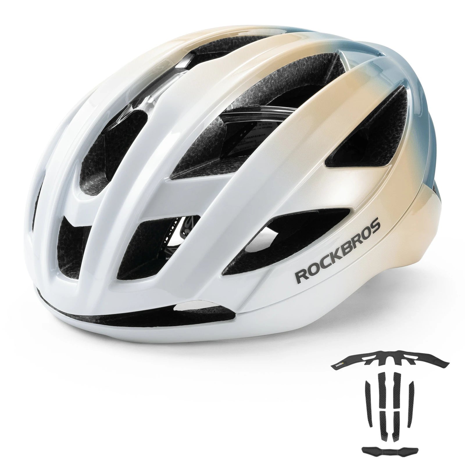 ROCKBROS cycling helmet LK-69 with bionic support structure, offering enhanced impact protection, comfort, and aerodynamic performance for road cycling. #Color_Multi-White Yellow Blue (Matte)