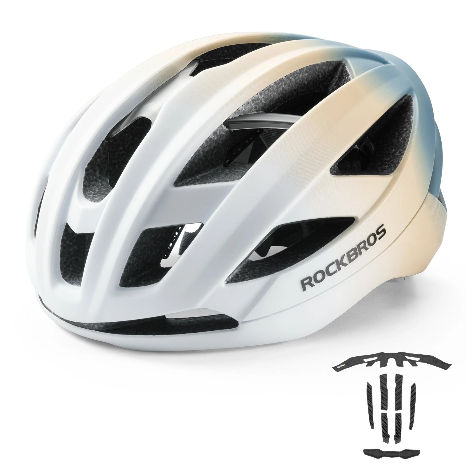 ROCKBROS cycling helmet LK-69 with bionic support structure, offering enhanced impact protection, comfort, and aerodynamic performance for road cycling. #Color_Multi-White Yellow Blue (Glossy)