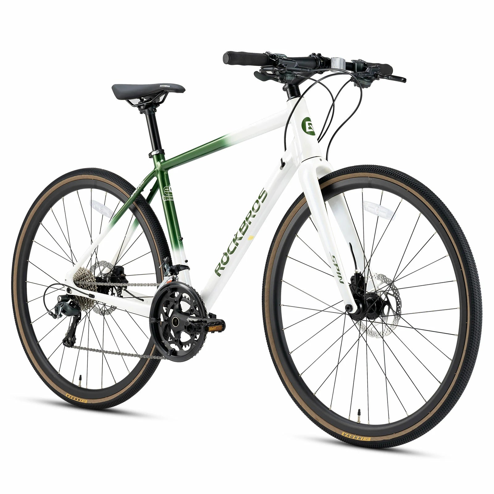 Rockbros flat bar road bike in bronze with aluminium frame and carbon fork#color_White Green