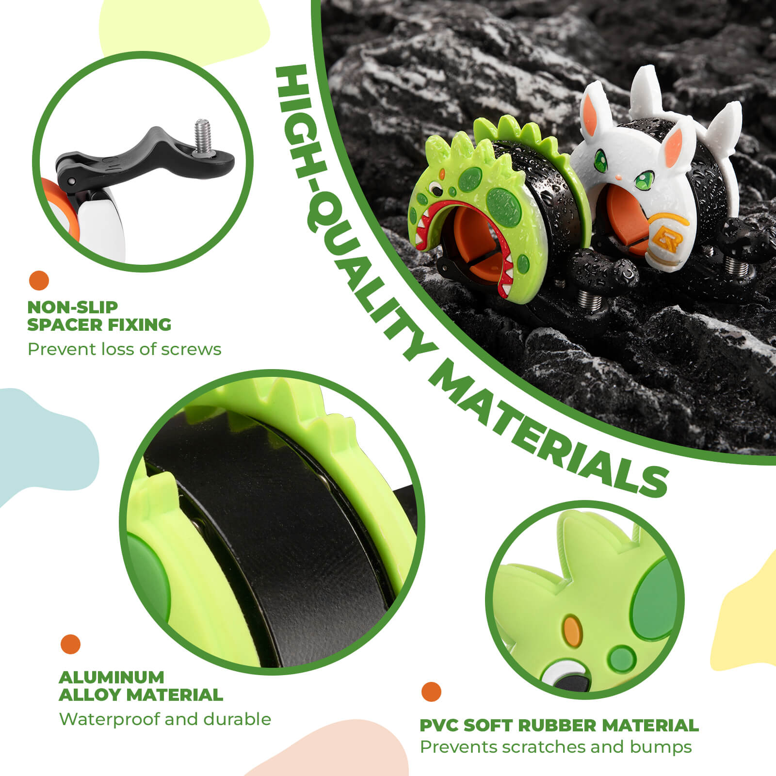 ROCKBROS cartoon-shaped bike bell for kids, featuring fun animal designs and a clear, crisp sound for safe and cheerful riding. #Style_Dinosaur