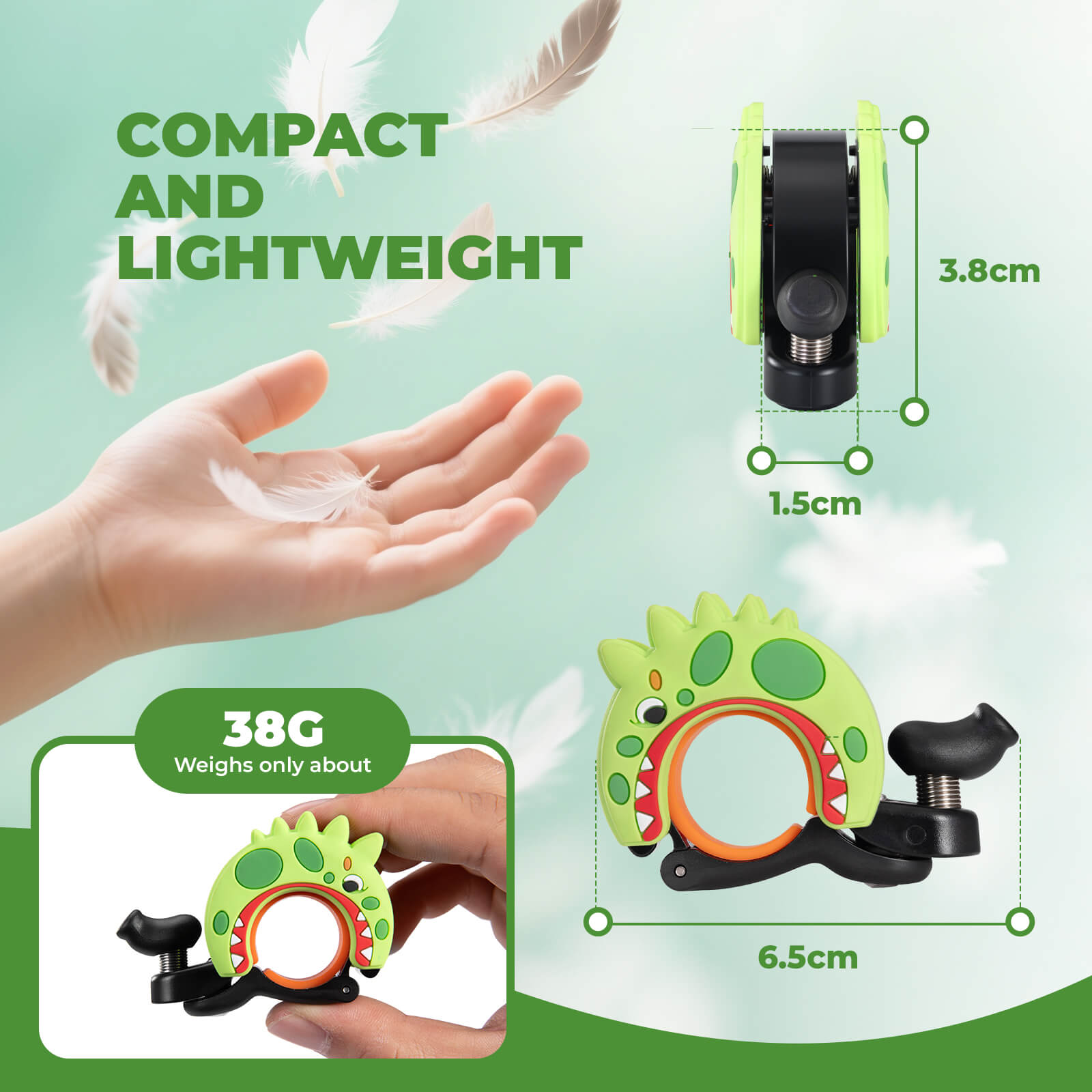 ROCKBROS cartoon-shaped bike bell for kids, featuring fun animal designs and a clear, crisp sound for safe and cheerful riding. #Style_Dinosaur