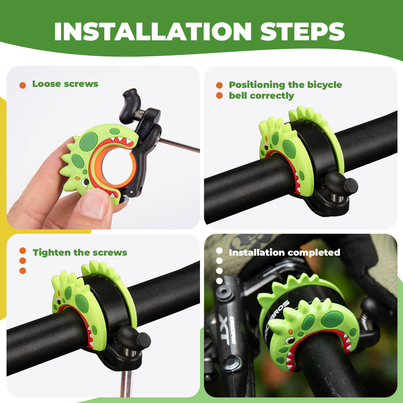 ROCKBROS cartoon-shaped bike bell for kids, featuring fun animal designs and a clear, crisp sound for safe and cheerful riding. #Style_Dinosaur