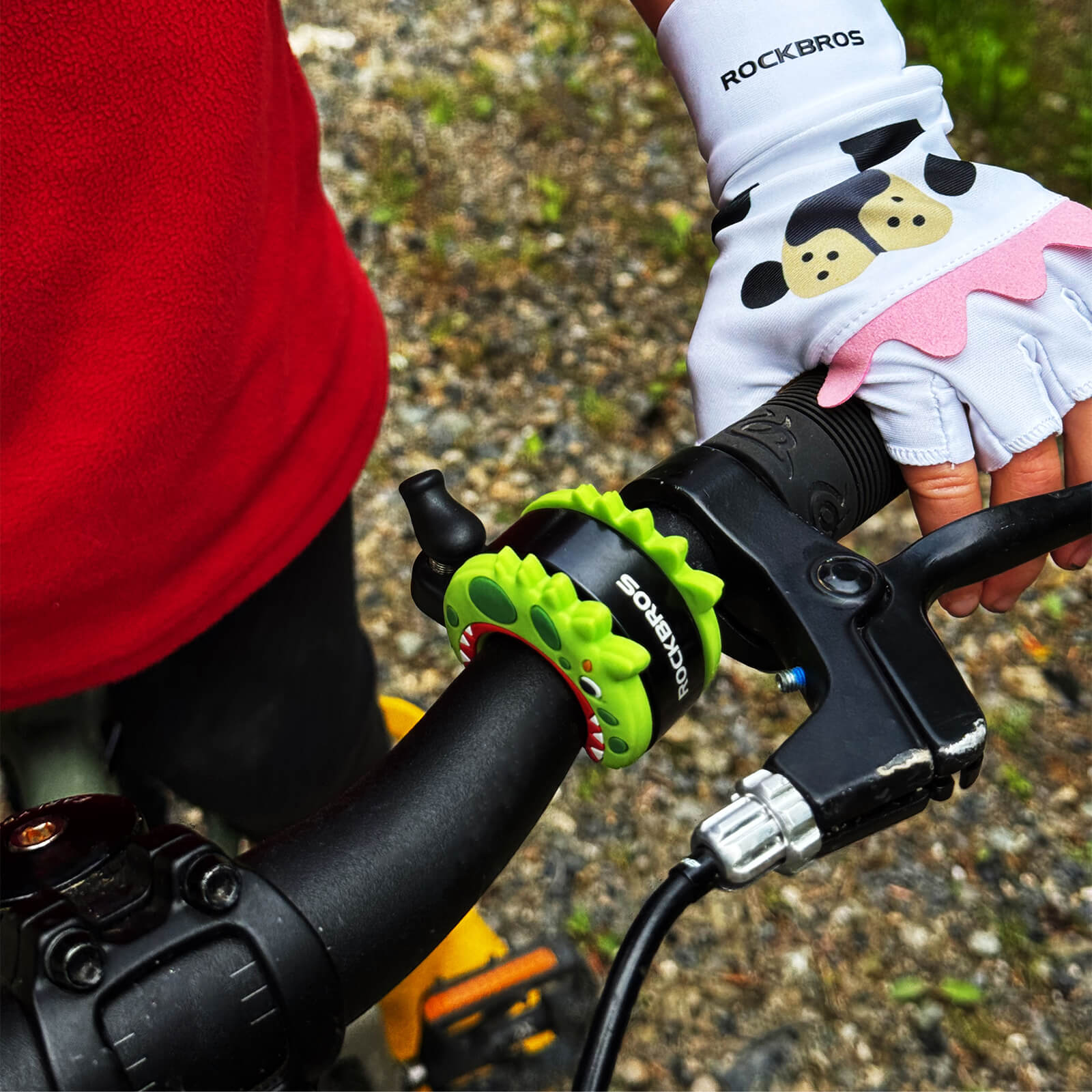 ROCKBROS cartoon-shaped bike bell for kids, featuring fun animal designs and a clear, crisp sound for safe and cheerful riding.