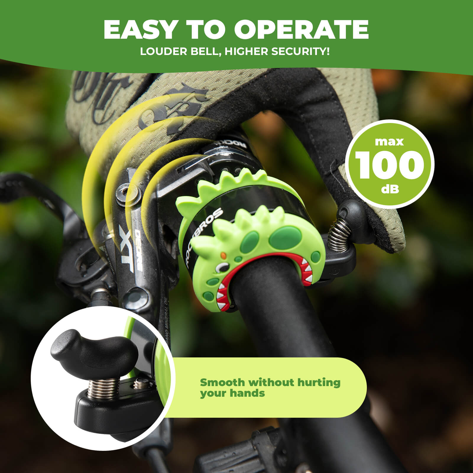 ROCKBROS cartoon-shaped bike bell for kids, featuring fun animal designs and a clear, crisp sound for safe and cheerful riding. #Style_Dinosaur