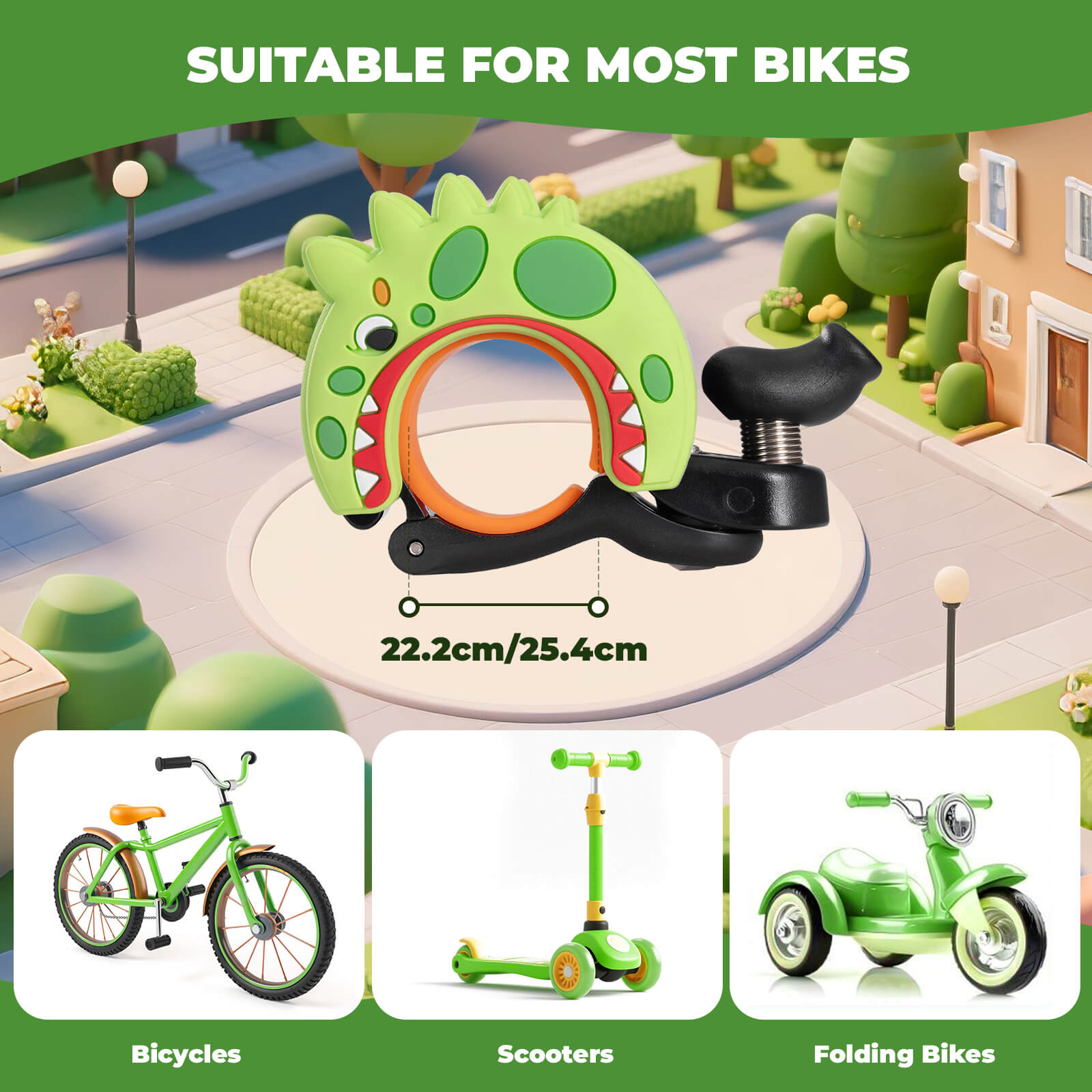 ROCKBROS cartoon-shaped bike bell for kids, featuring fun animal designs and a clear, crisp sound for safe and cheerful riding. #Style_Dinosaur