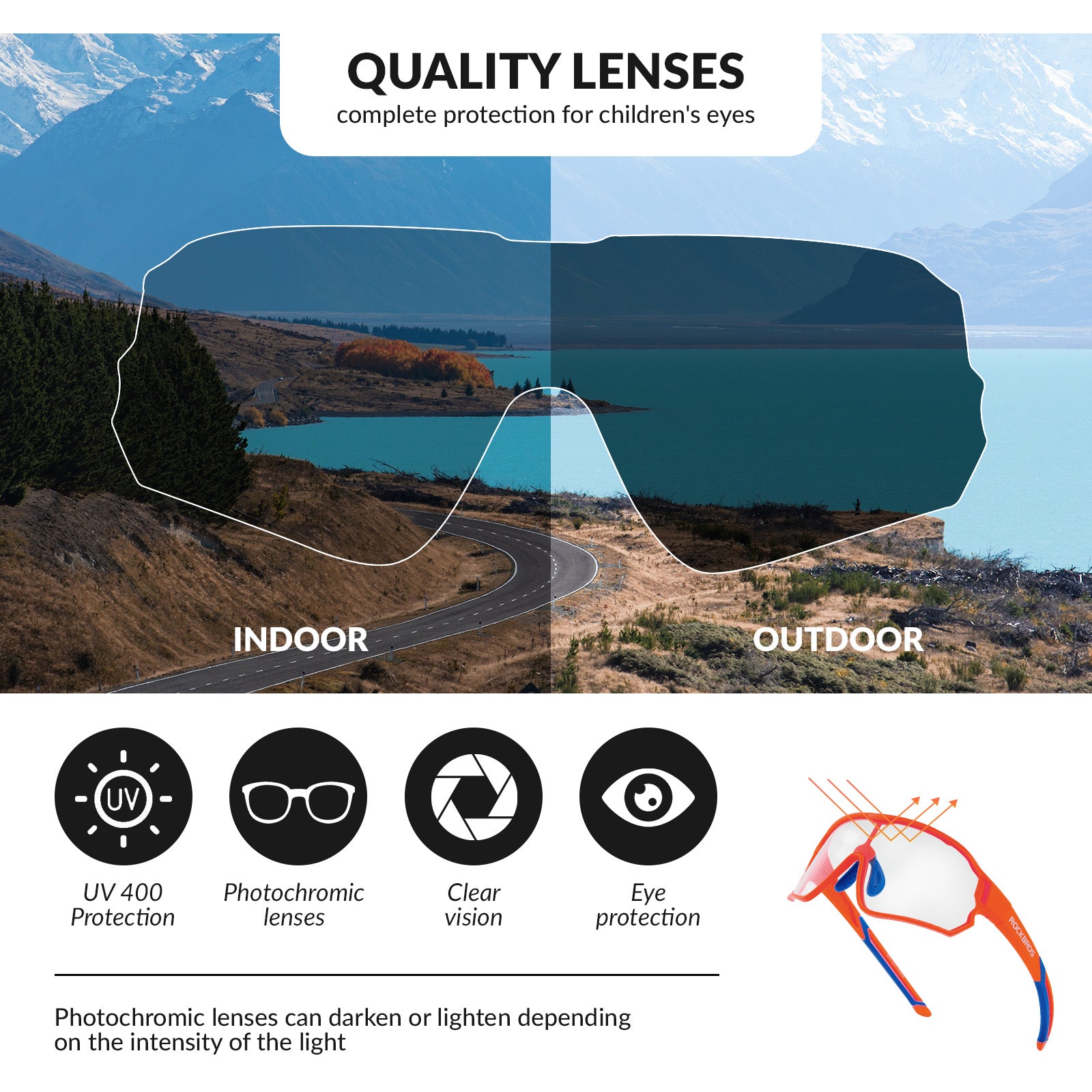 ROCKBROS Kids Photochromic Cycling Glasses UV400 Protection with TR90 Frame#Color_Red