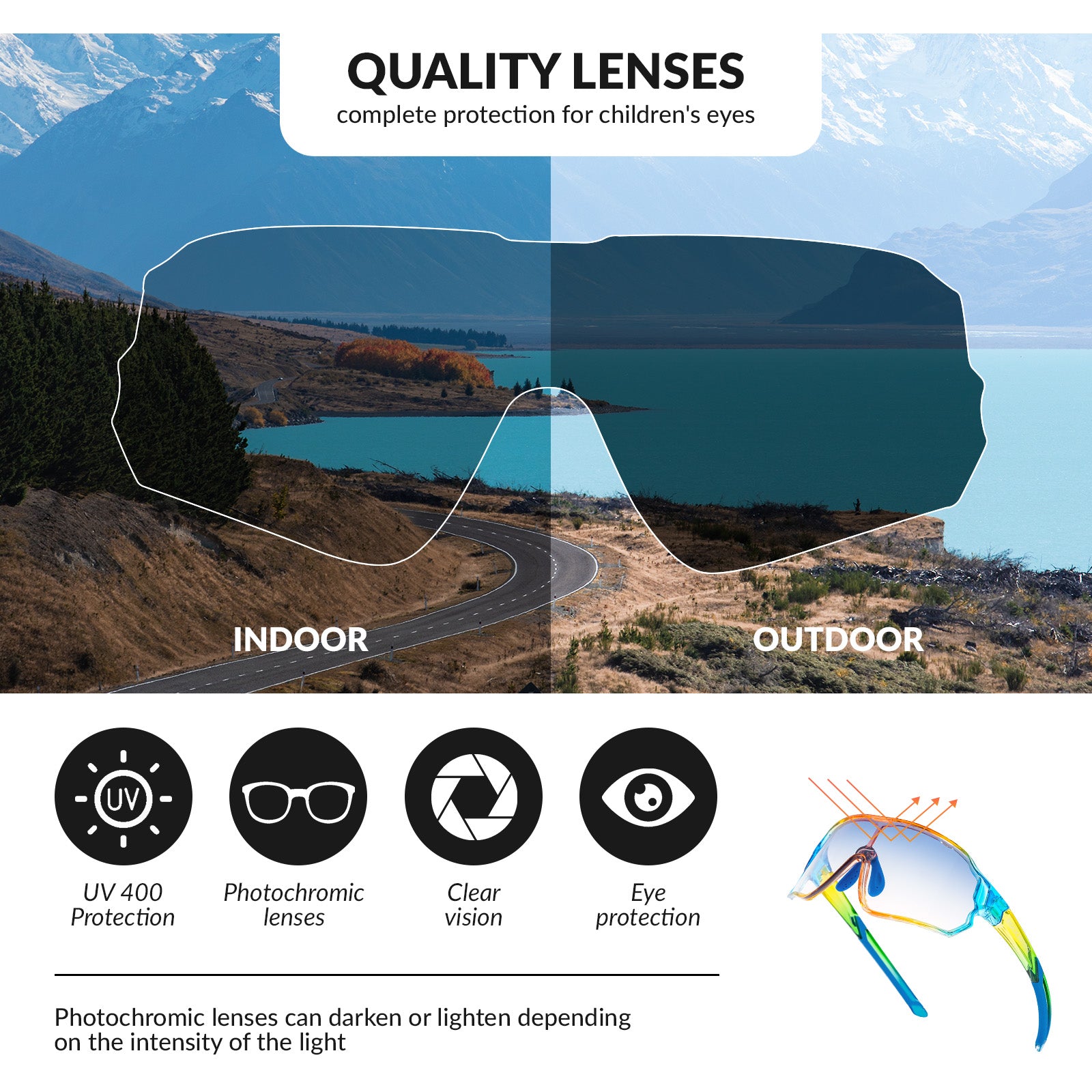 ROCKBROS Kids Photochromic Cycling Glasses UV400 Protection with TR90 Frame#Color_Blue