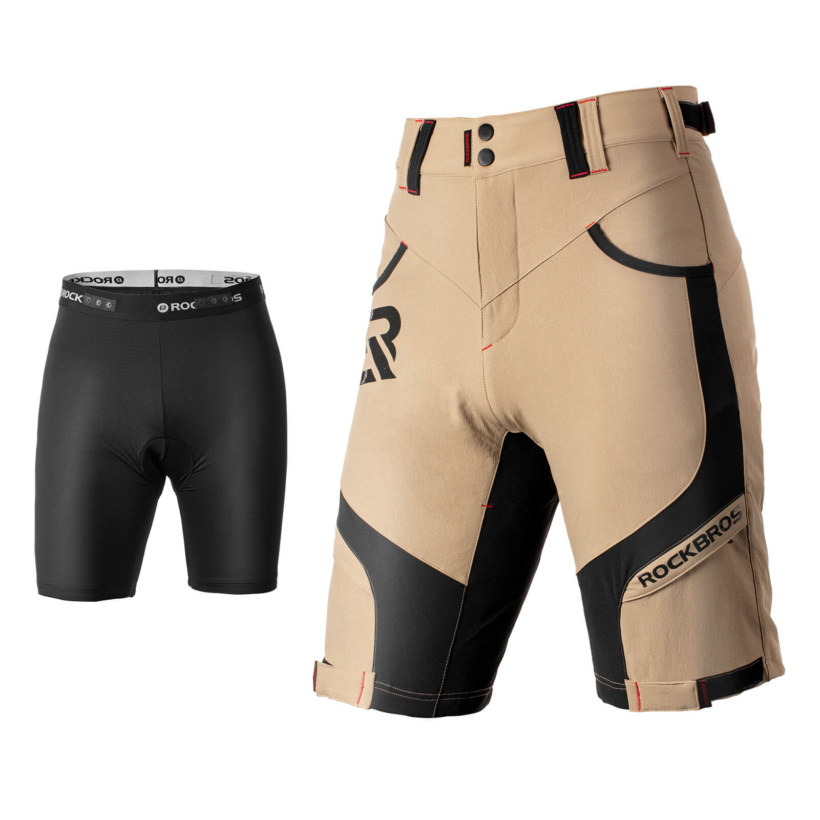 rockbros men's 4d padded cycling shorts with compression design for enhanced comfort #Color_Khaki