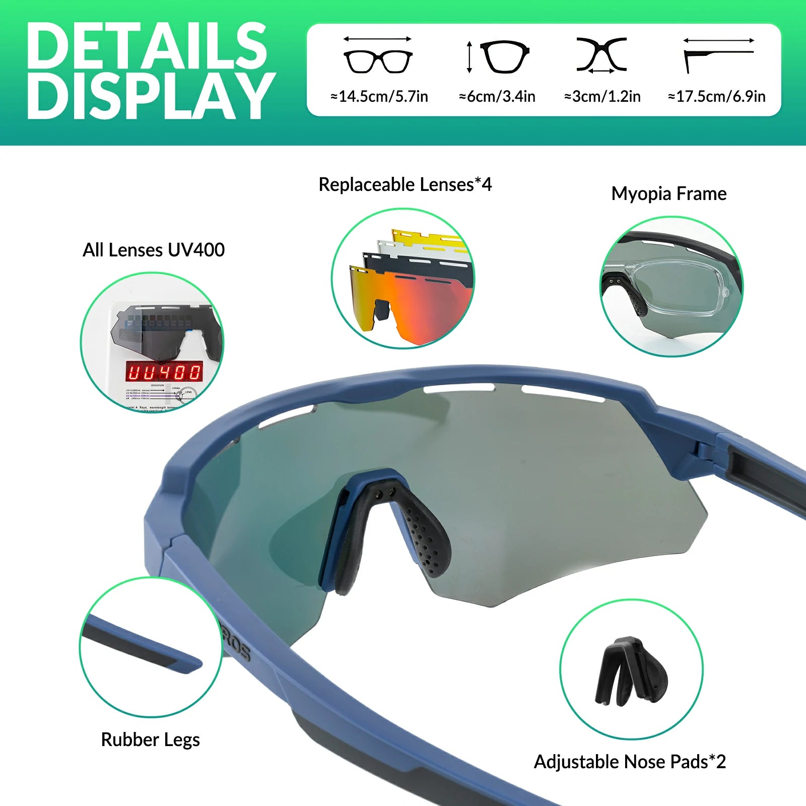 ROCKBROS Polarized Cycling Glasses with 4 Interchangeable Lenses #Color_Blue
