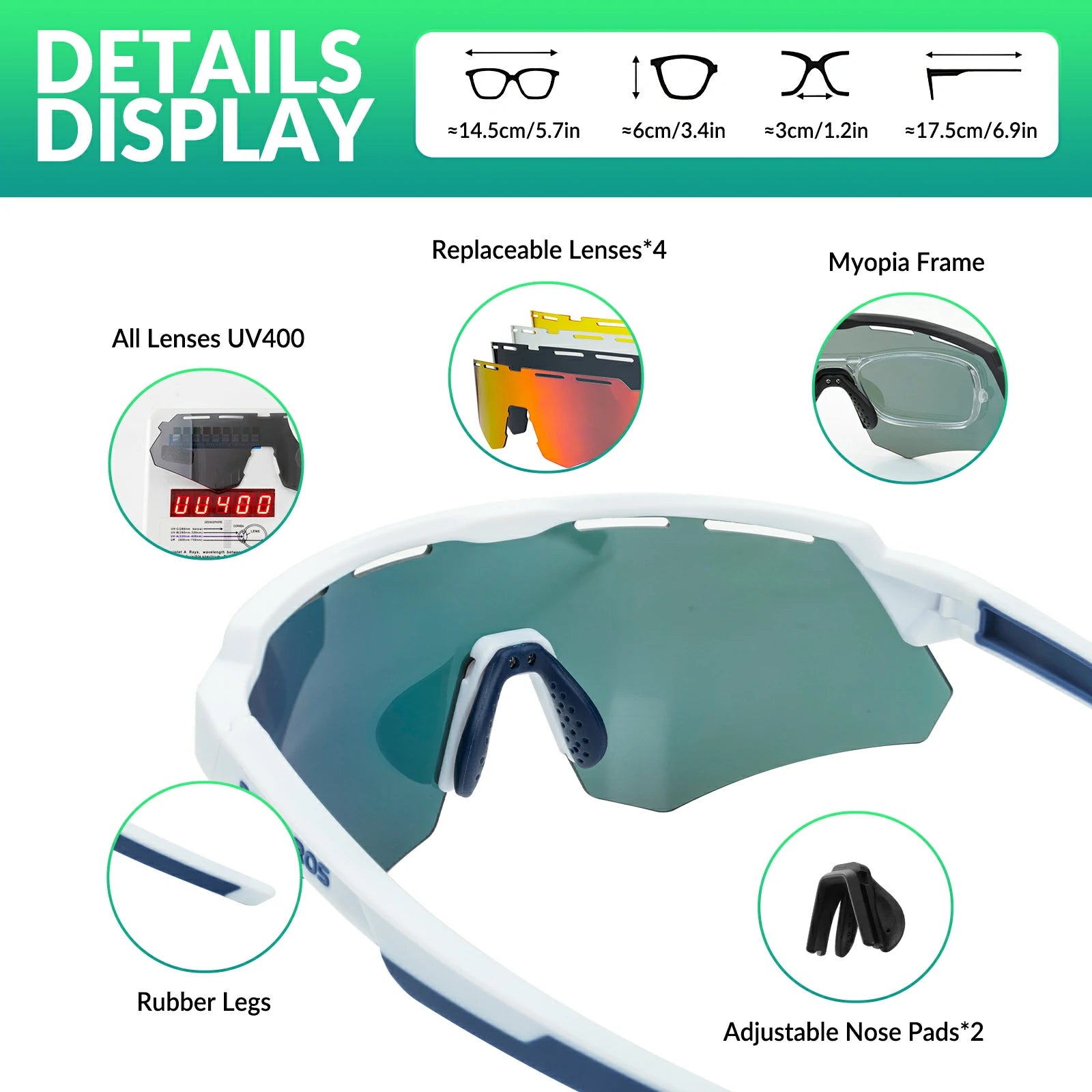 ROCKBROS Polarized Cycling Glasses with 4 Interchangeable Lenses #Color_White