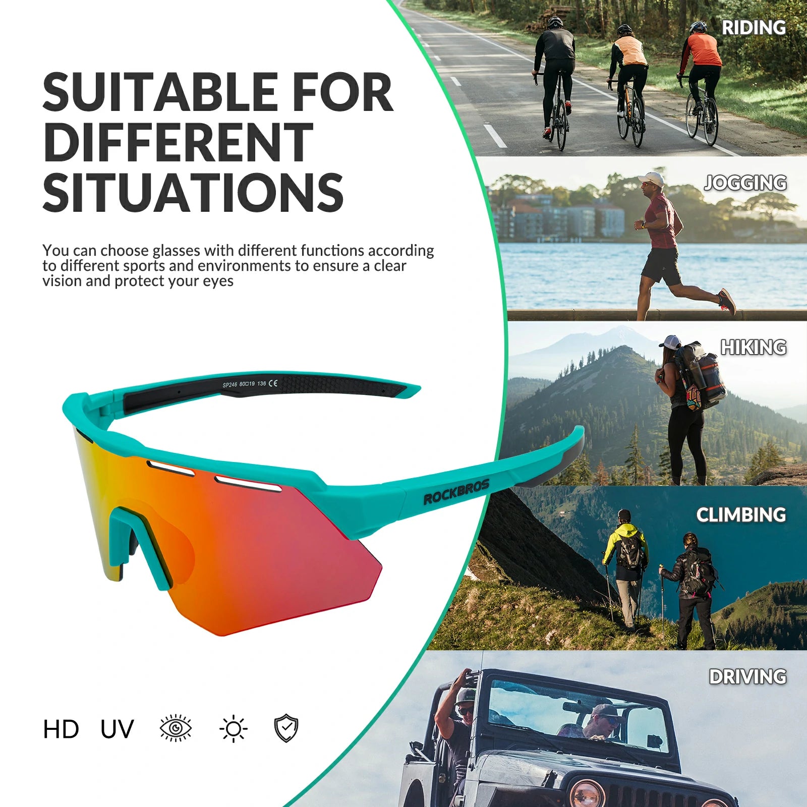 ROCKBROS Polarized Cycling Glasses with 4 Interchangeable Lenses #Color_Green