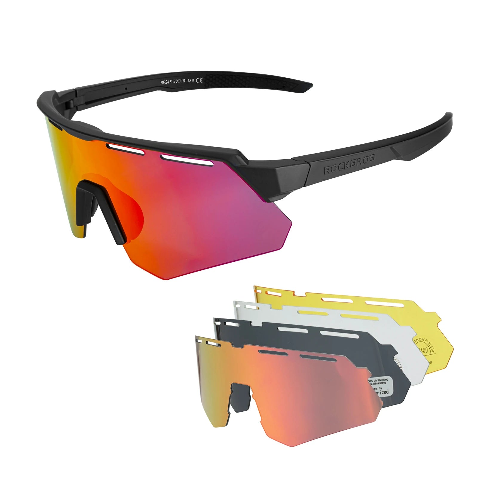 ROCKBROS Polarized Cycling Glasses with 4 Interchangeable Lenses #Color_Black