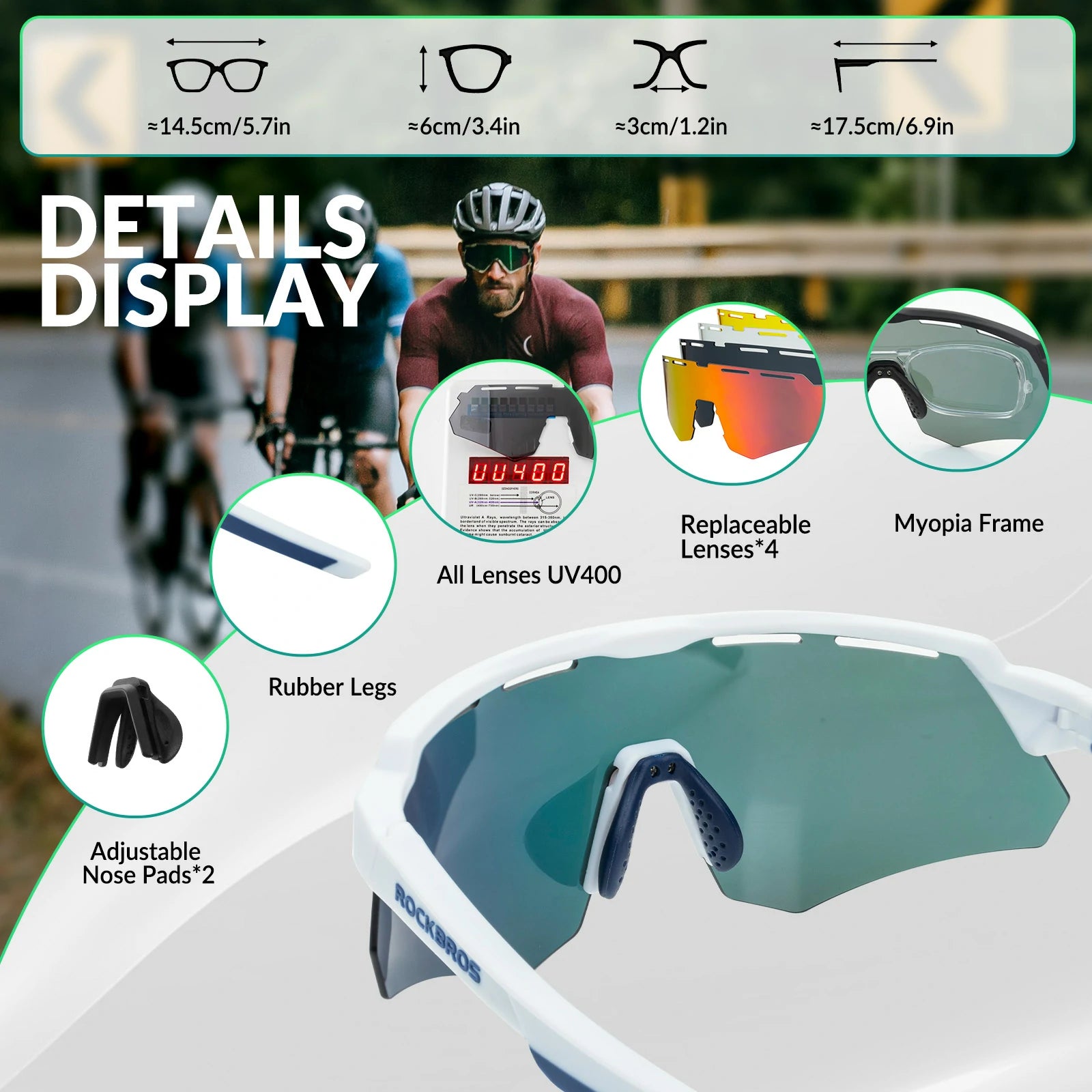 ROCKBROS Polarized Cycling Glasses with 4 Interchangeable Lenses #Color_White