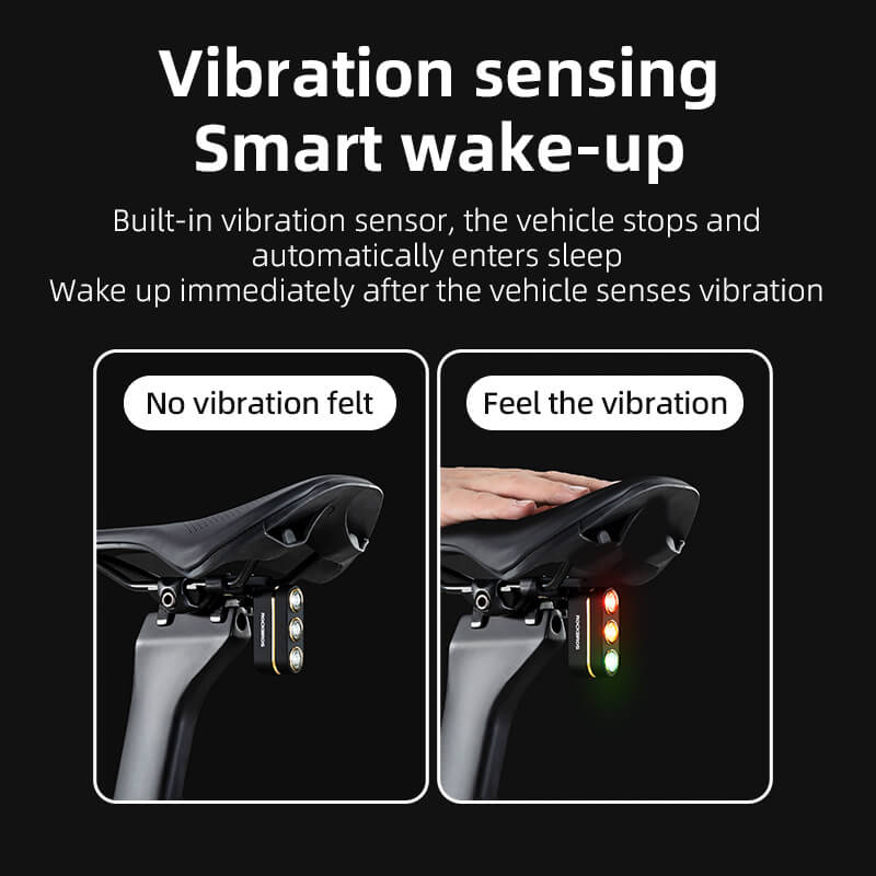 rockbros smart rear bike light with 3-colour led and brake-sensing technology