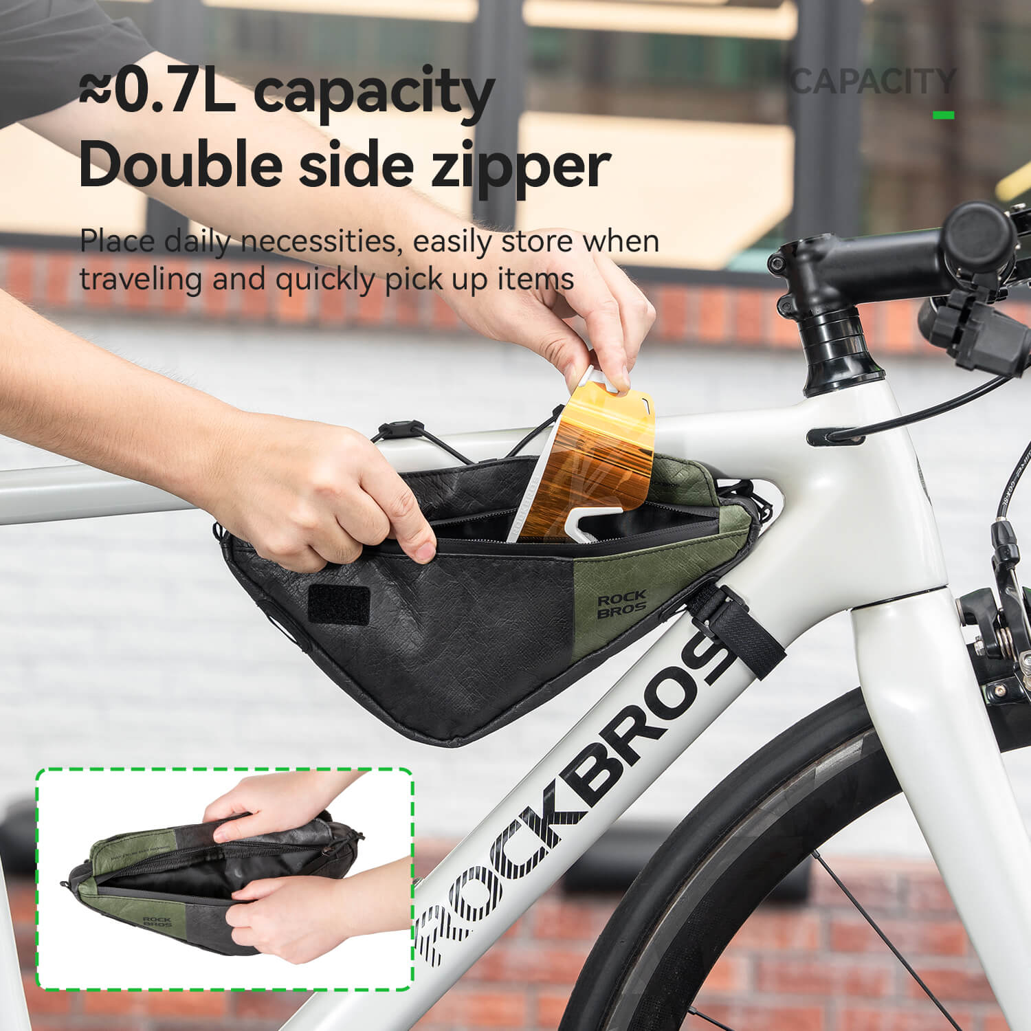 rockbros ultralight tyvek triangle frame bag, 0.7 litre capacity, with detachable shoulder strap and reflective logo