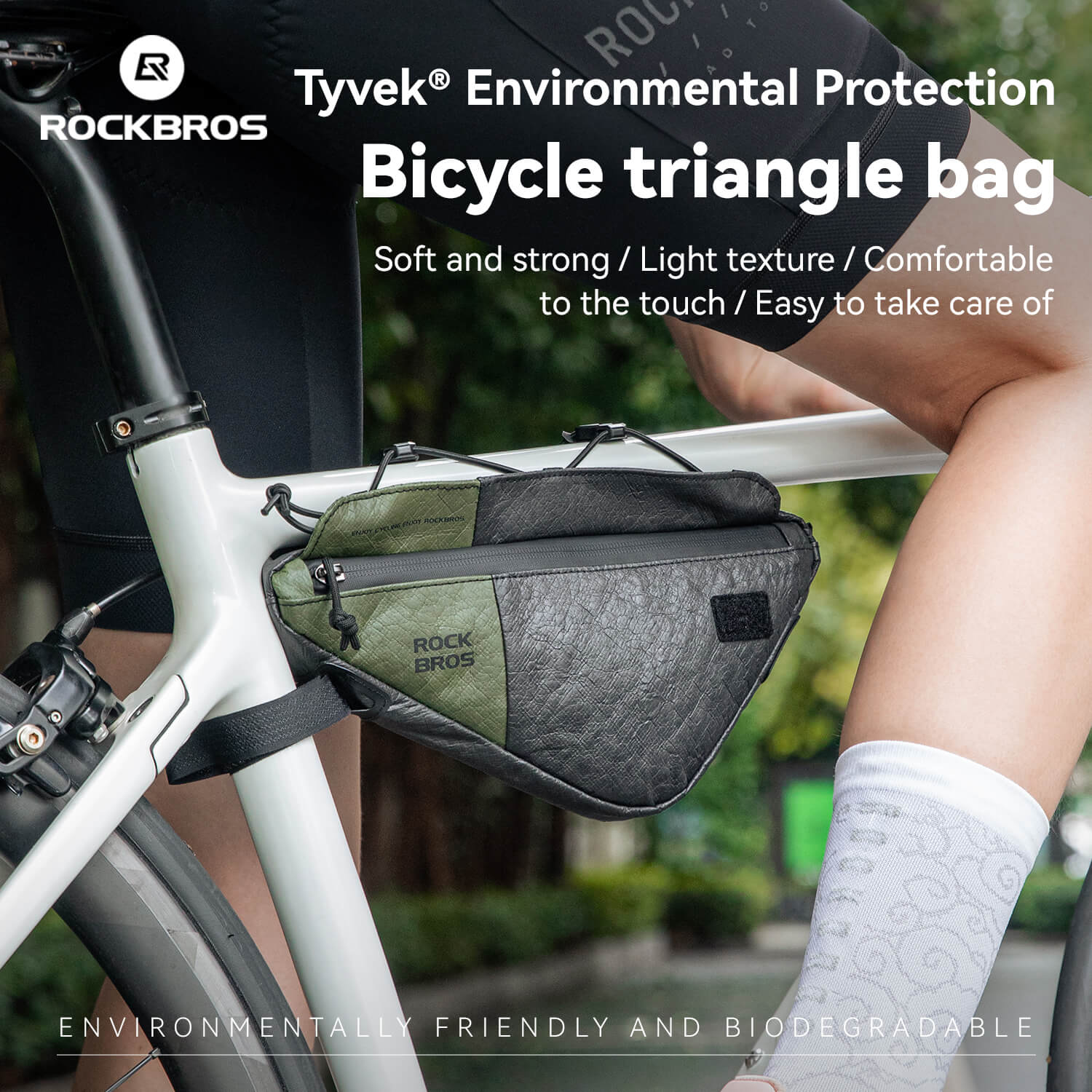 rockbros ultralight tyvek triangle frame bag, 0.7 litre capacity, with detachable shoulder strap and reflective logo