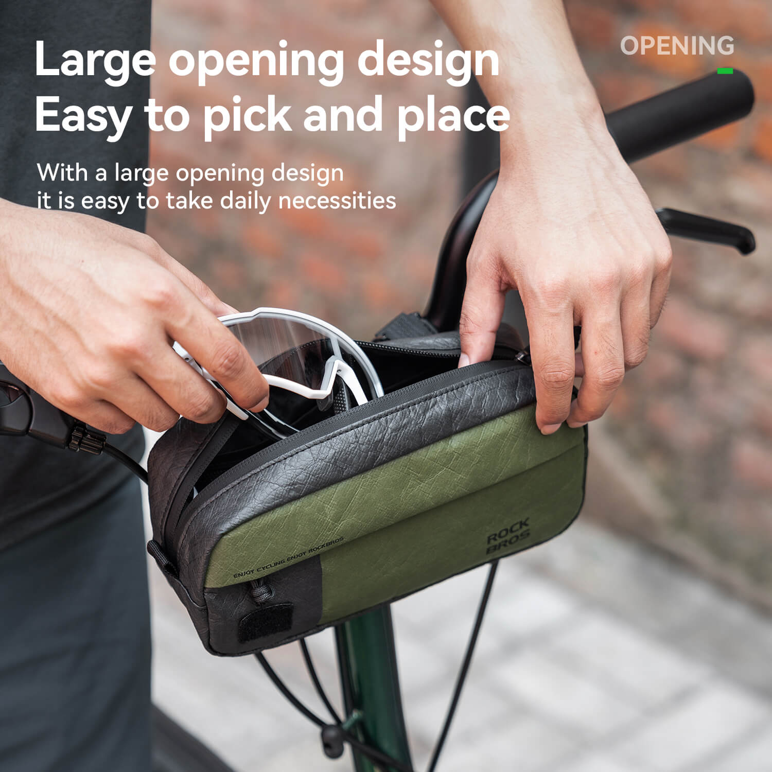 rockbros tyvek handlebar bag with adjustable shoulder strap, reflective logo and zip pockets