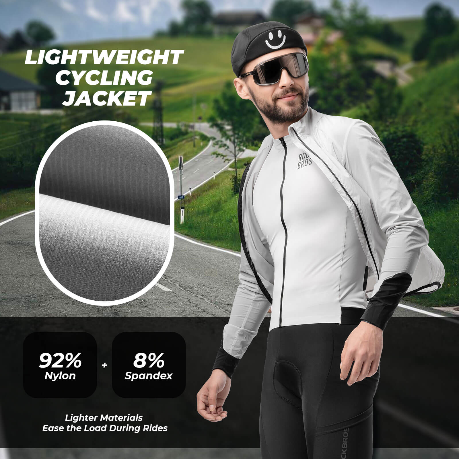 ROCKBROS ultra-light wind jacket, packable and breathable design ideal for wind protection during cycling and outdoor activities.