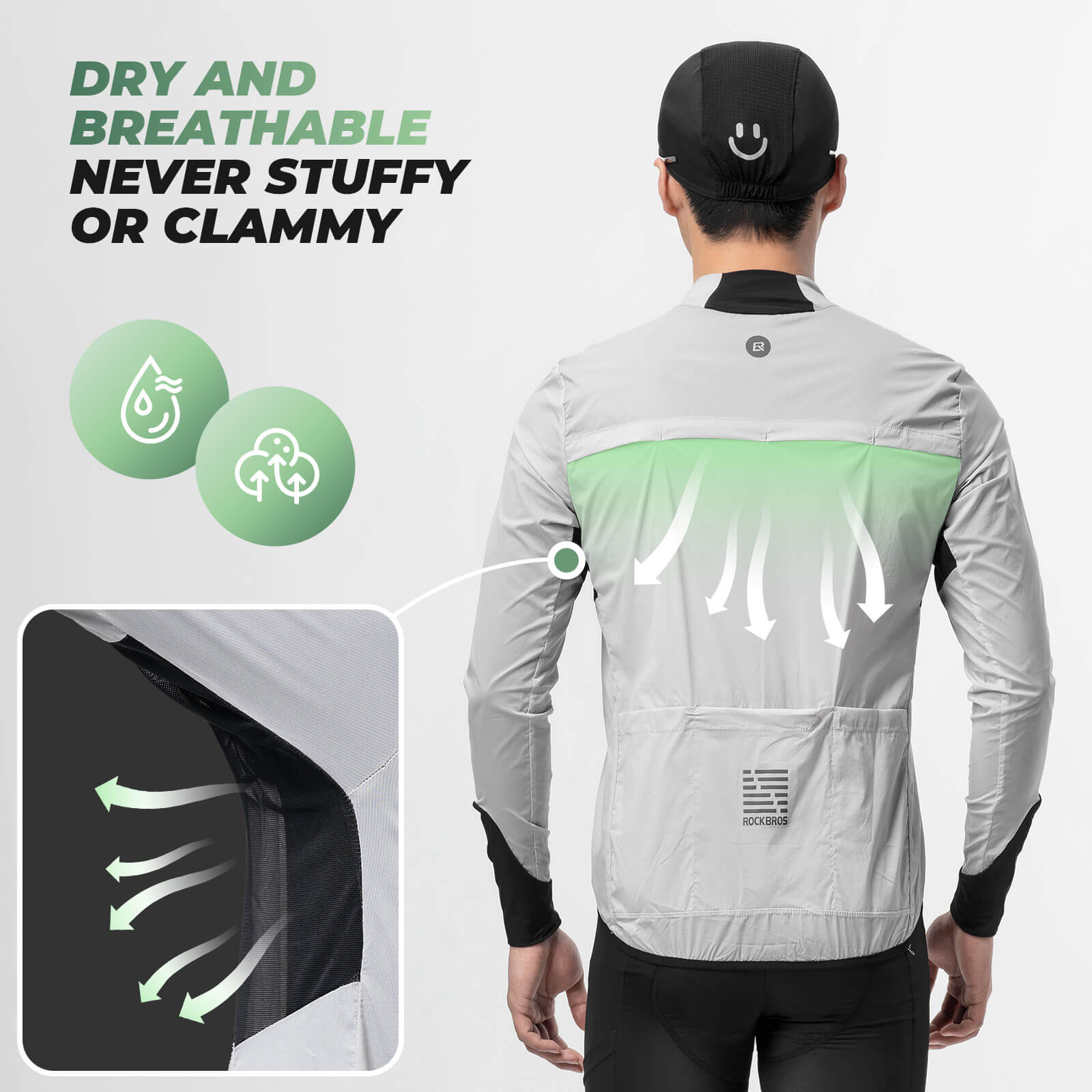 ROCKBROS ultra-light wind jacket, packable and breathable design ideal for wind protection during cycling and outdoor activities.