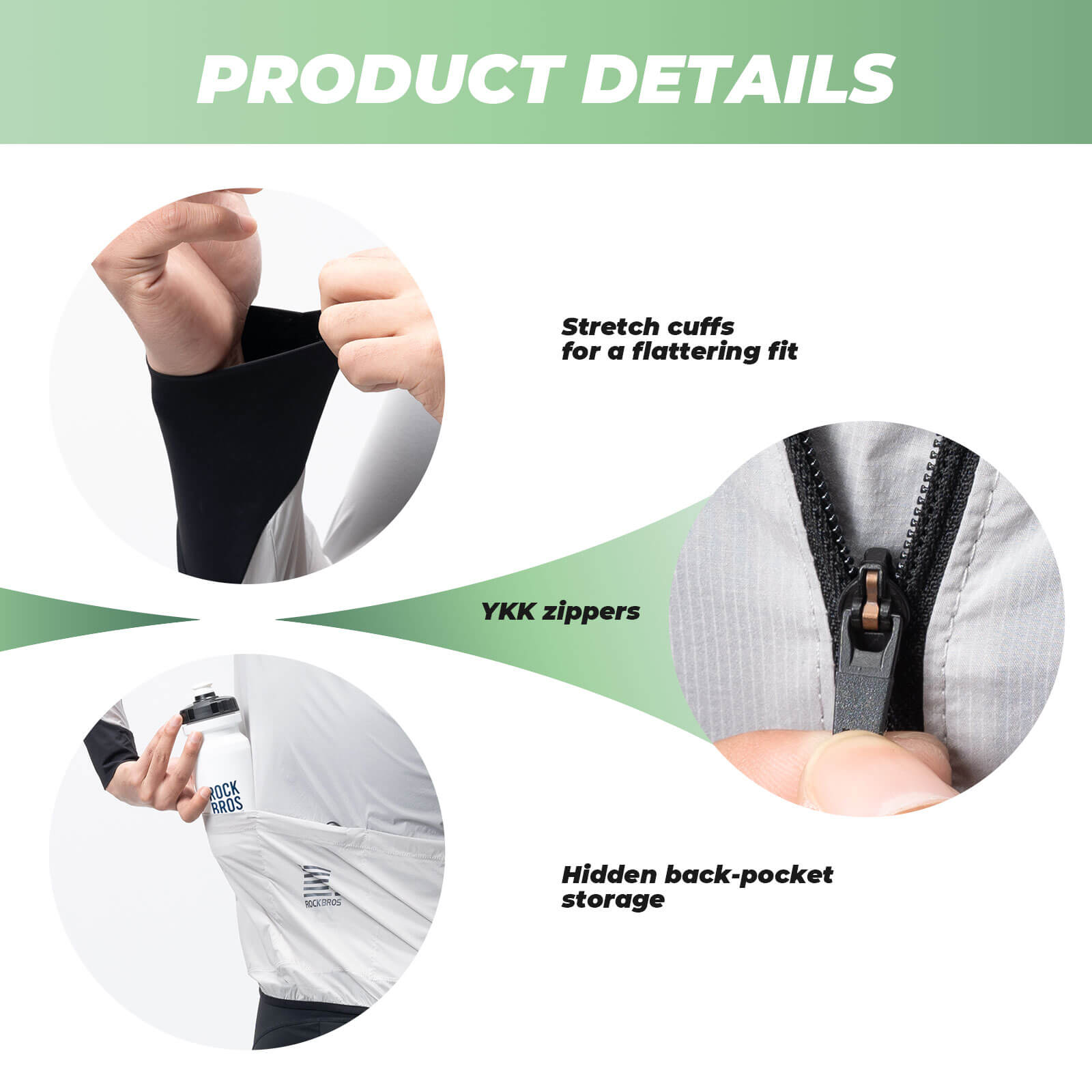 ROCKBROS ultra-light wind jacket, packable and breathable design ideal for wind protection during cycling and outdoor activities.