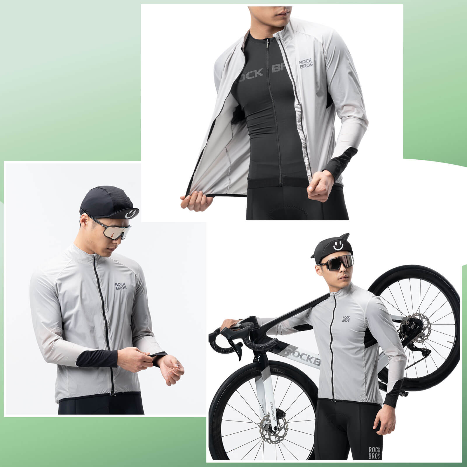 ROCKBROS ultra-light wind jacket, packable and breathable design ideal for wind protection during cycling and outdoor activities.