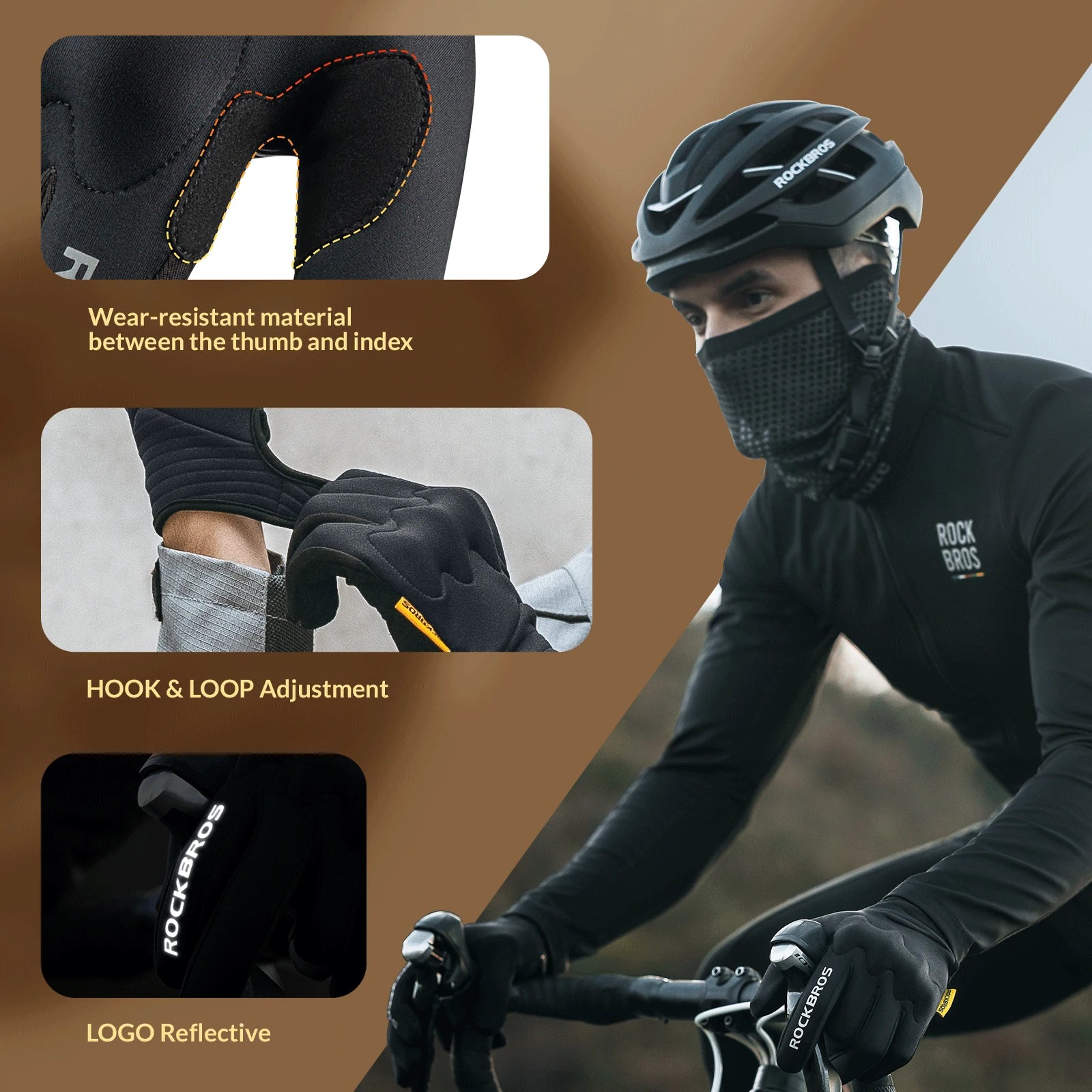 rockbros black windproof thermal full-finger cycling gloves