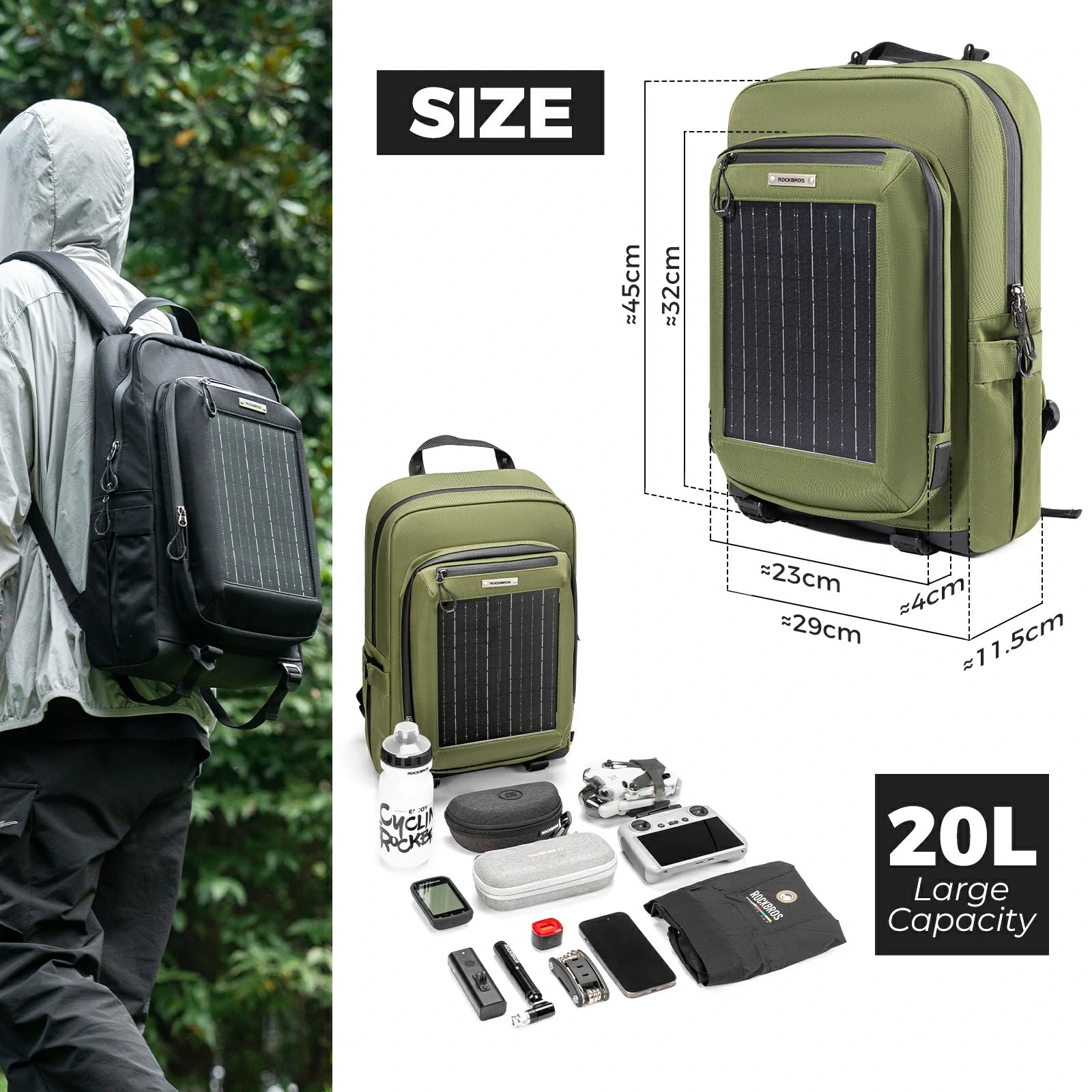 ROCKBROS solar backpack 20L with detachable 14W solar panel