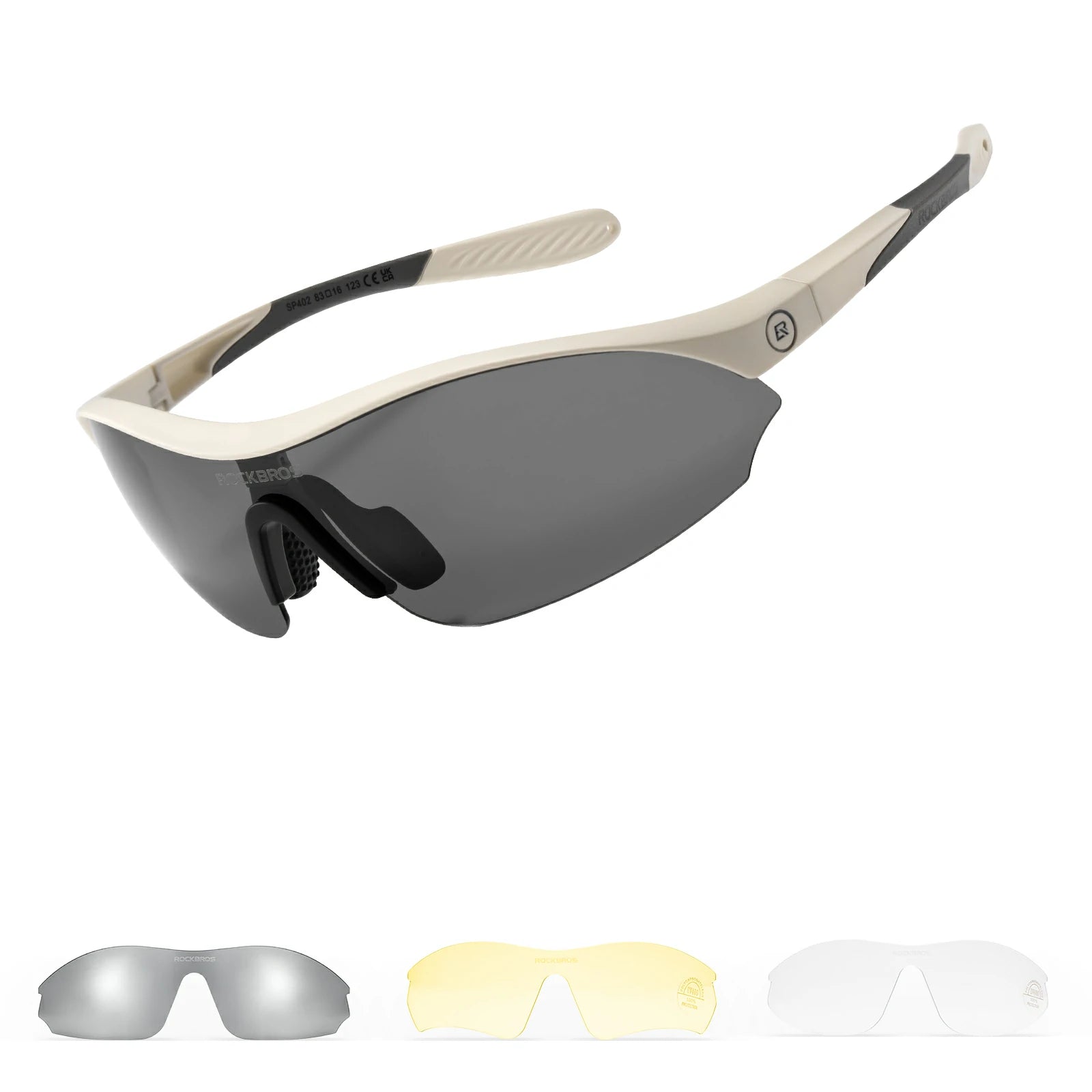 Sports Cycling Sunglasses with 3 Interchangeable#Color_Beige