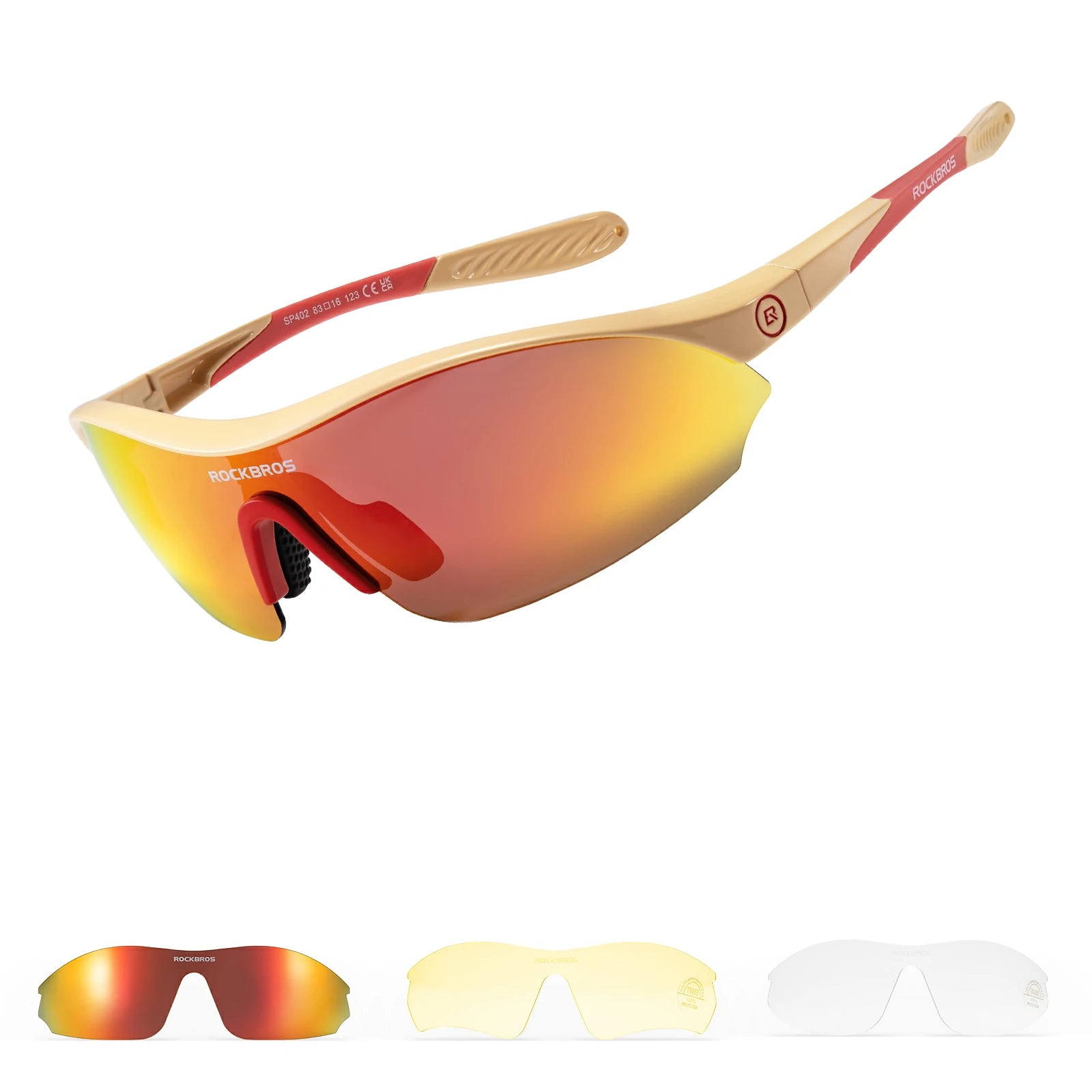 Sports Cycling Sunglasses with 3 Interchangeable#Color_Khaki