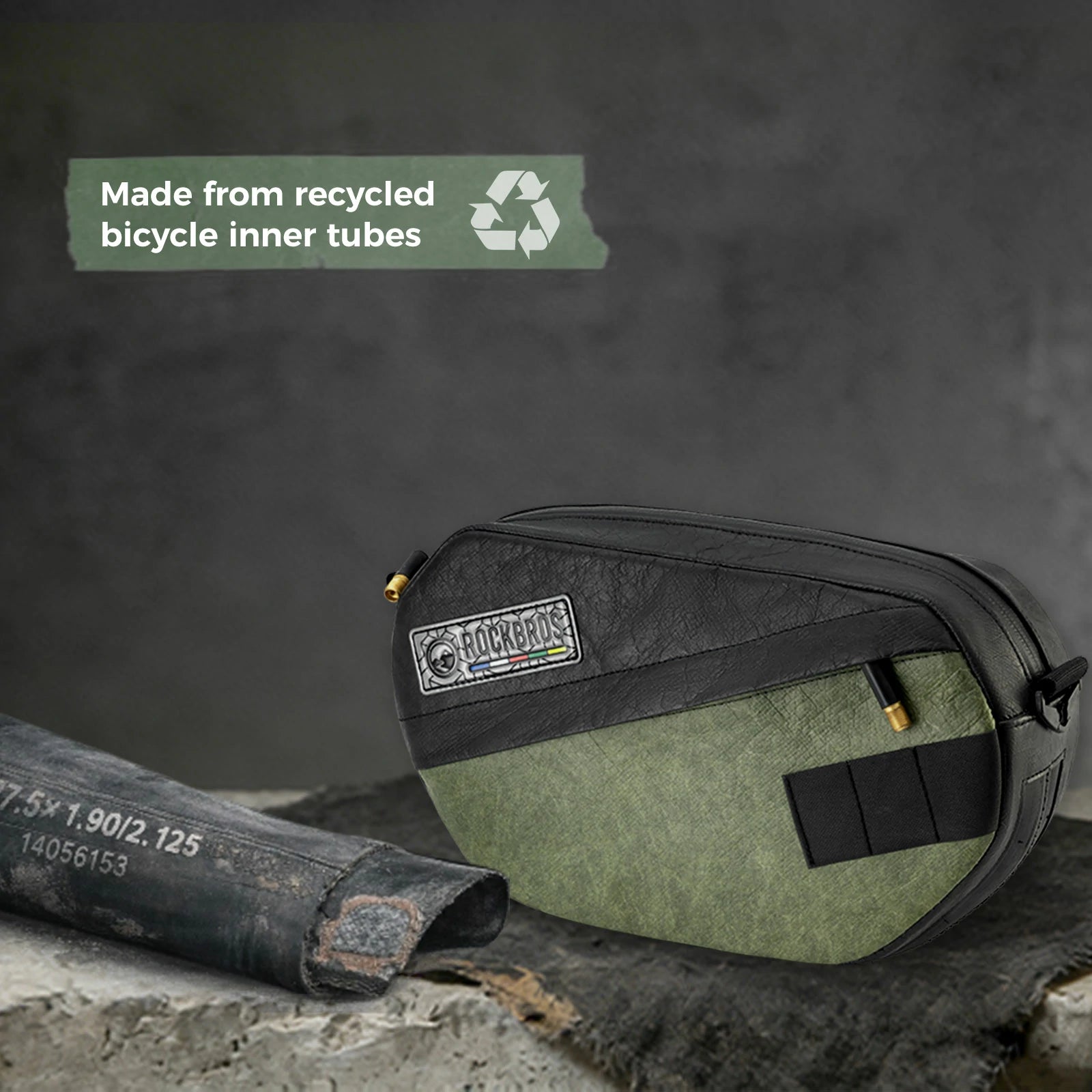 Sustainable eco-friendly recycled tire bike handlebar bag for cyclists