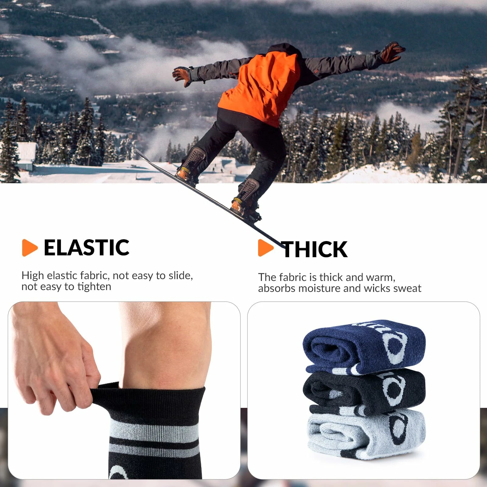 black thermal ski socks warm thick knee high winter snow socks#Color_Black