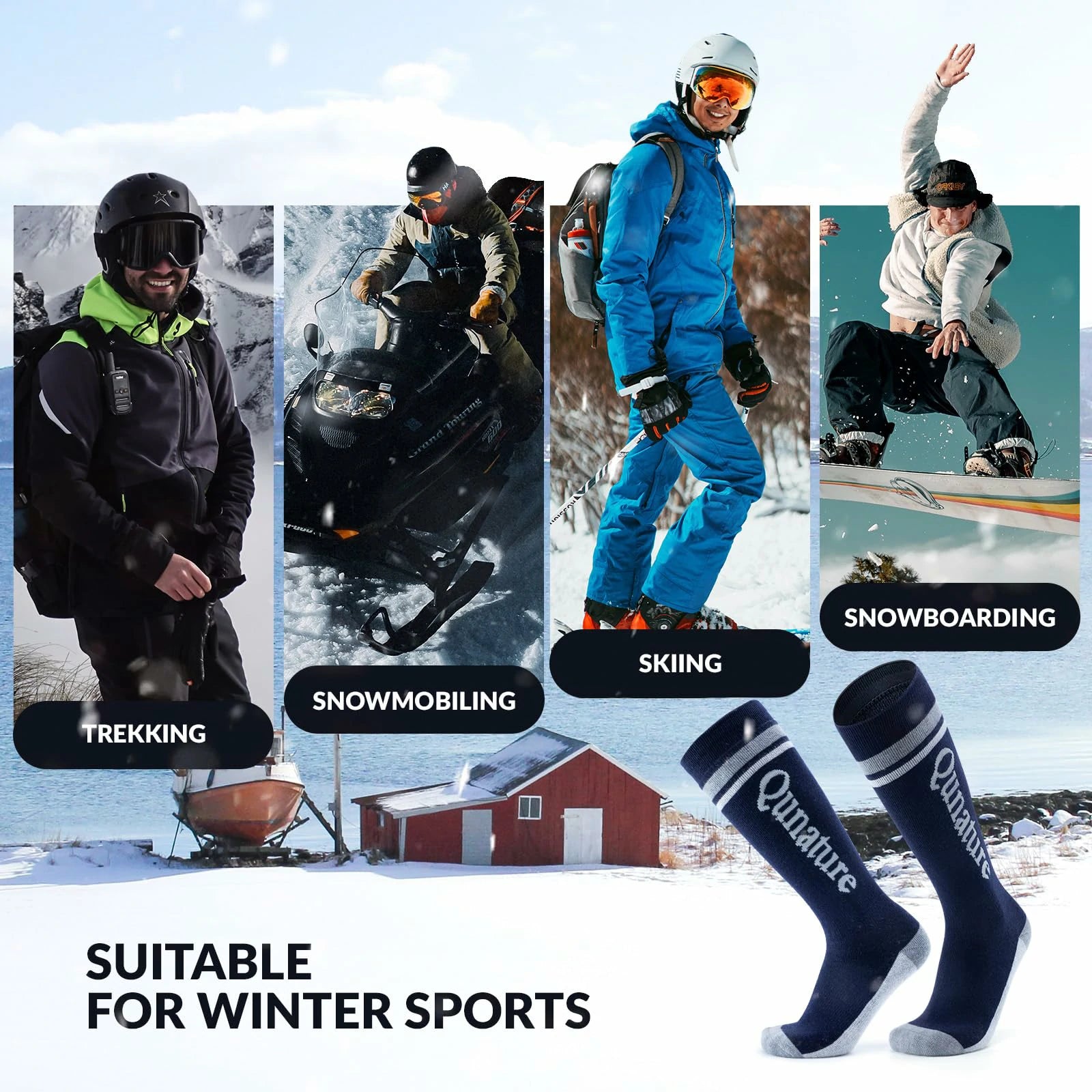 black blue thermal ski socks warm thick knee high winter snow socks#Color_Black Blue