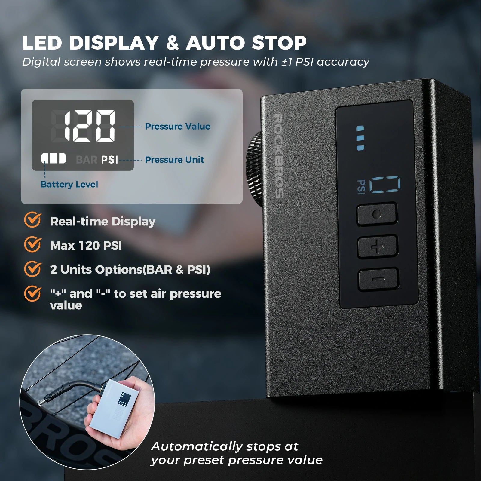 tiny electric bike pump with pressure gauge max 120 psi