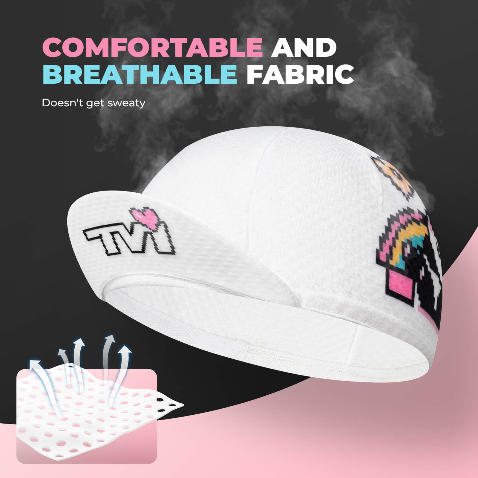 TVI lightweight cycling cap designed to be worn under a helmet, offering sun protection, sweat absorption, and all-day comfort.