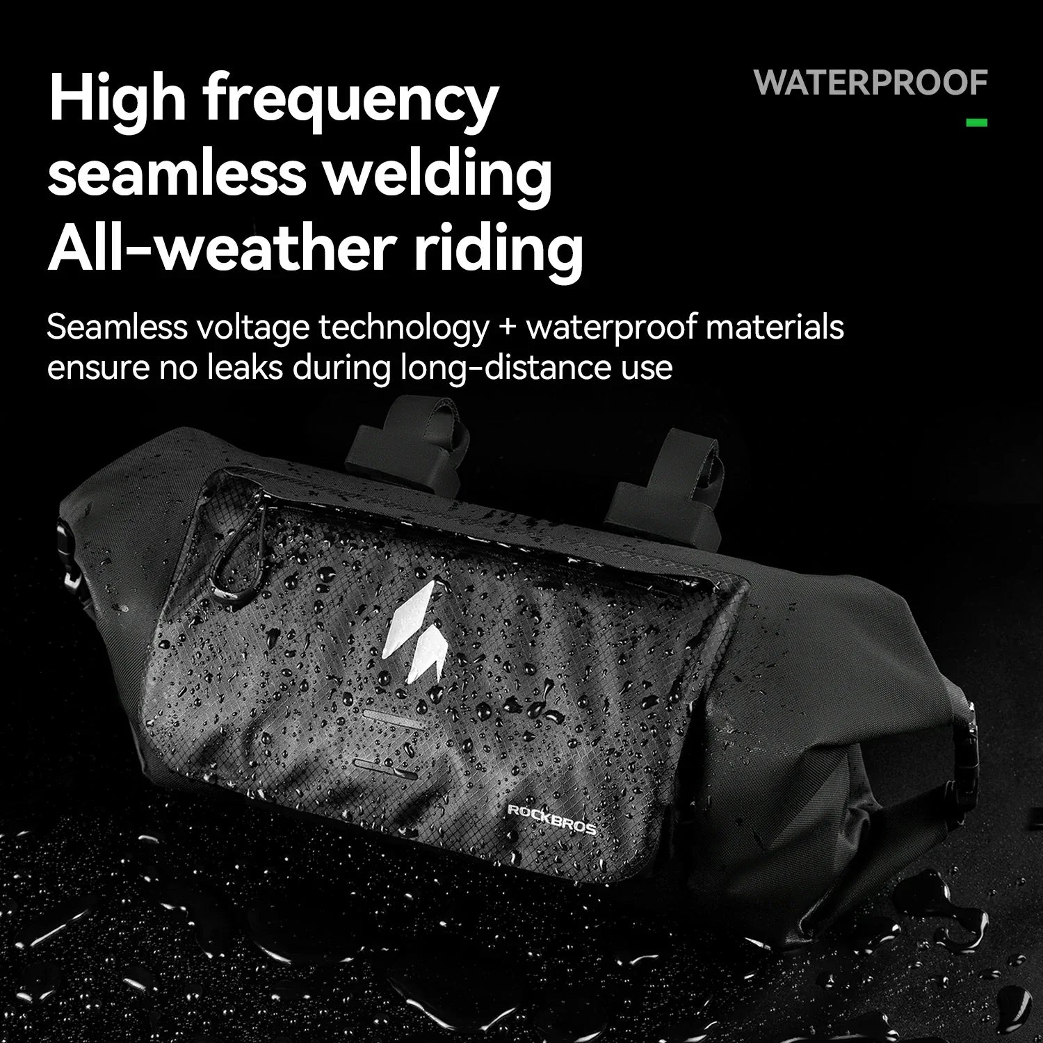 Waterproof bag with text highlighting high-frequency welding and all-weather riding features.