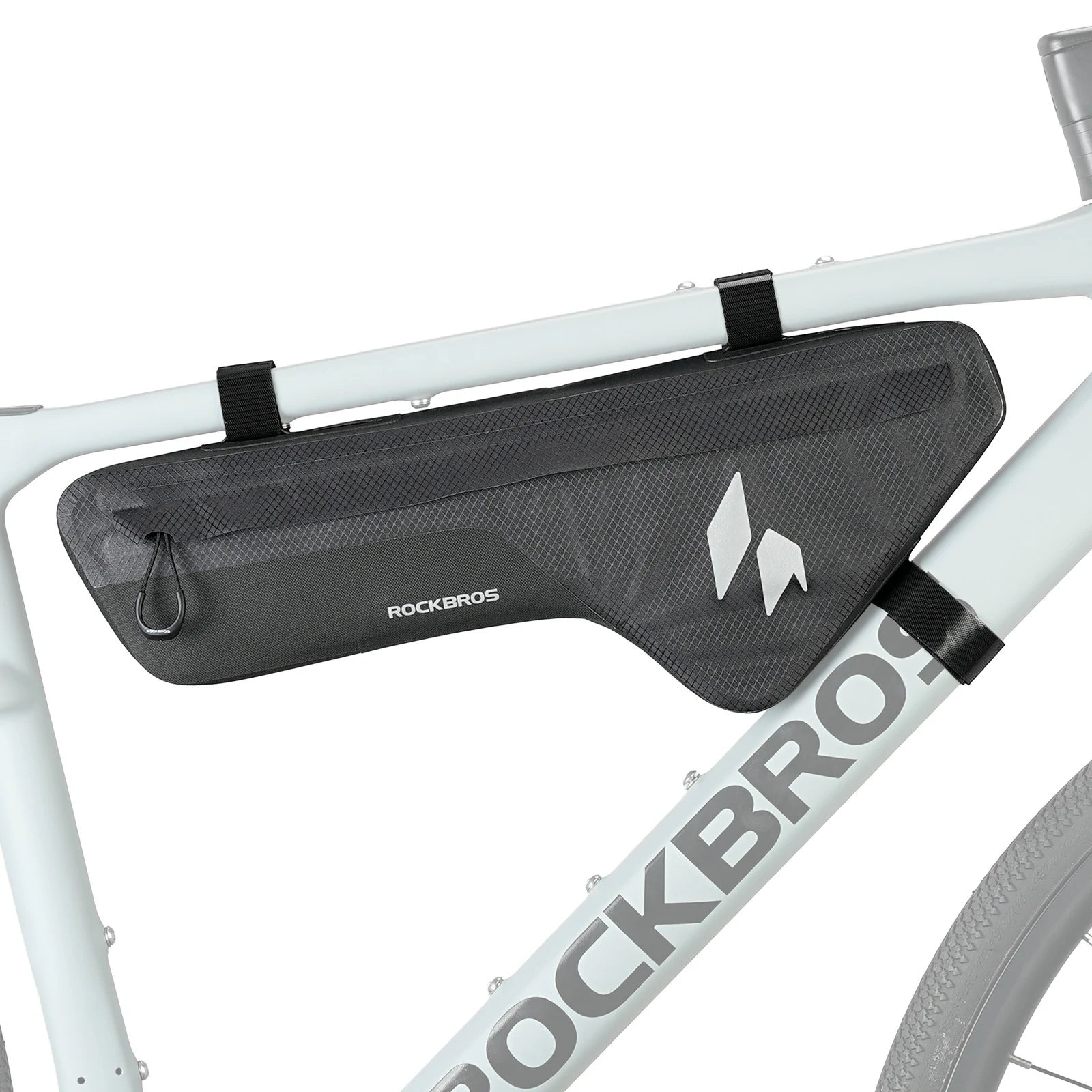 Black bike frame bag with brand logo on a white background