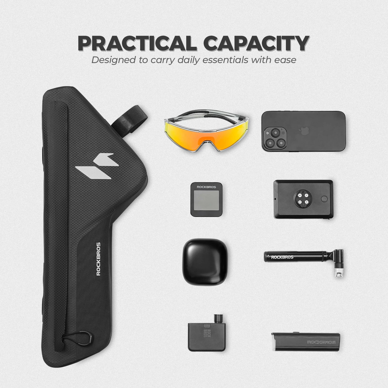 Black bike frame bag with brand logo on a white background