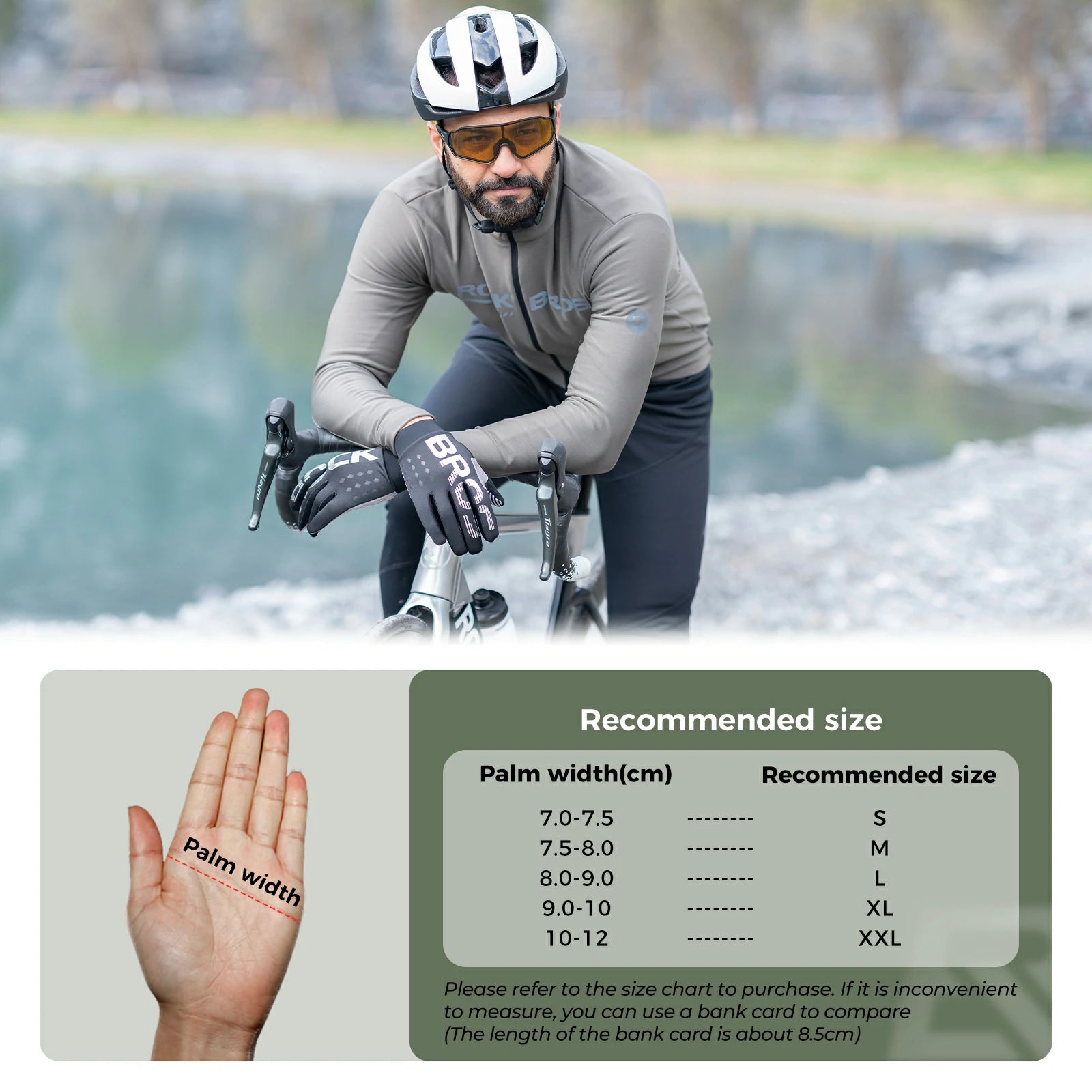Winter cycling gloves for men and women thermal for outdoor sports with a size chart overlay
