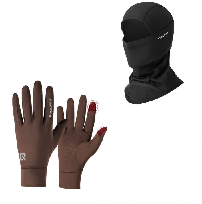 Winter cycling set with Black balaclava and Brown touchscreen gloves#Color_Black#GloveColor_Brown