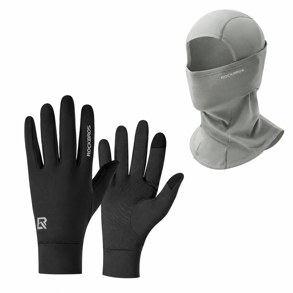 Winter cycling set with Gray balaclava and Black touchscreen gloves#Color_Gray#GloveColor_Black