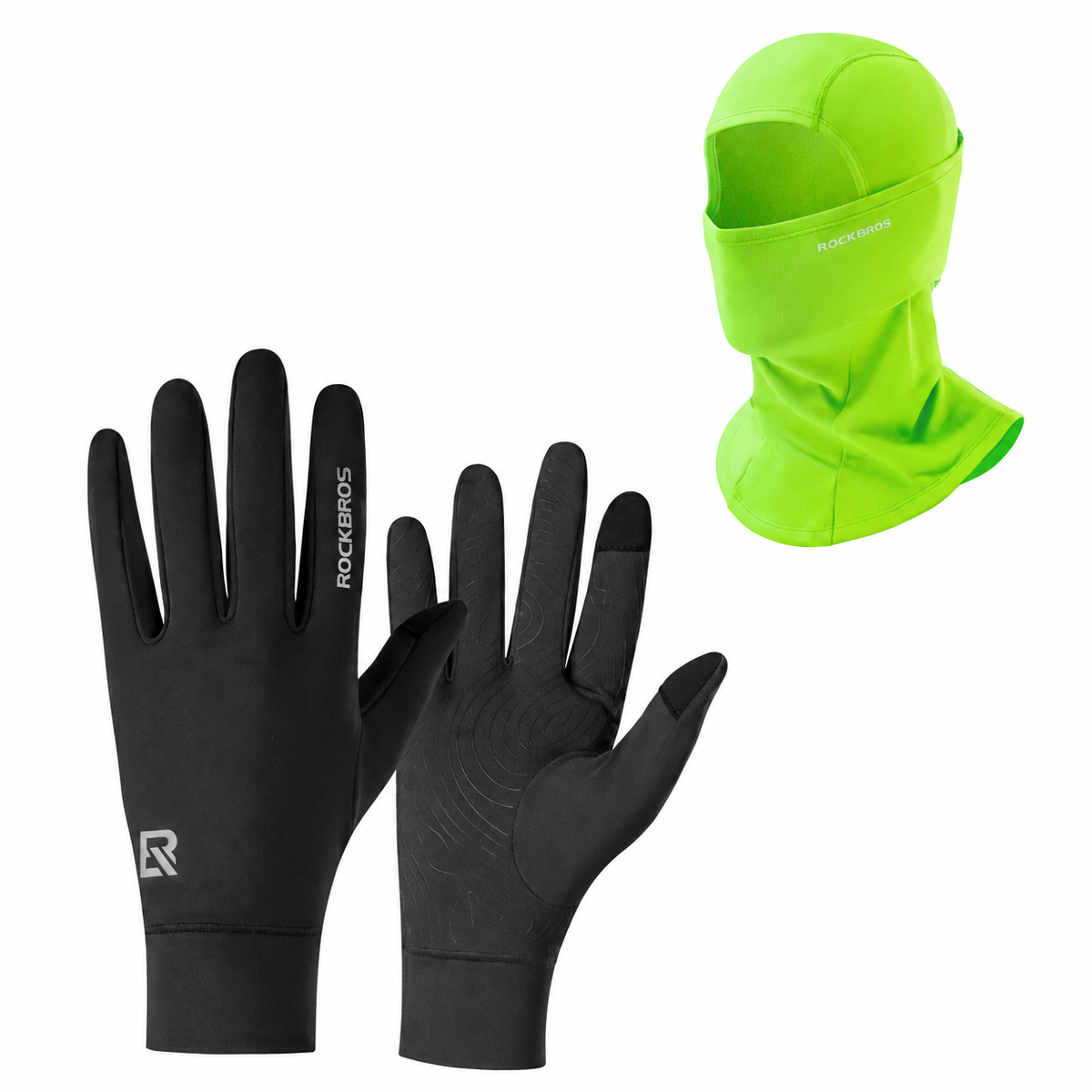 Winter cycling set with Vivid Lime Green balaclava and Black touchscreen gloves#Color_Vivid Lime Green#GloveColor_Black