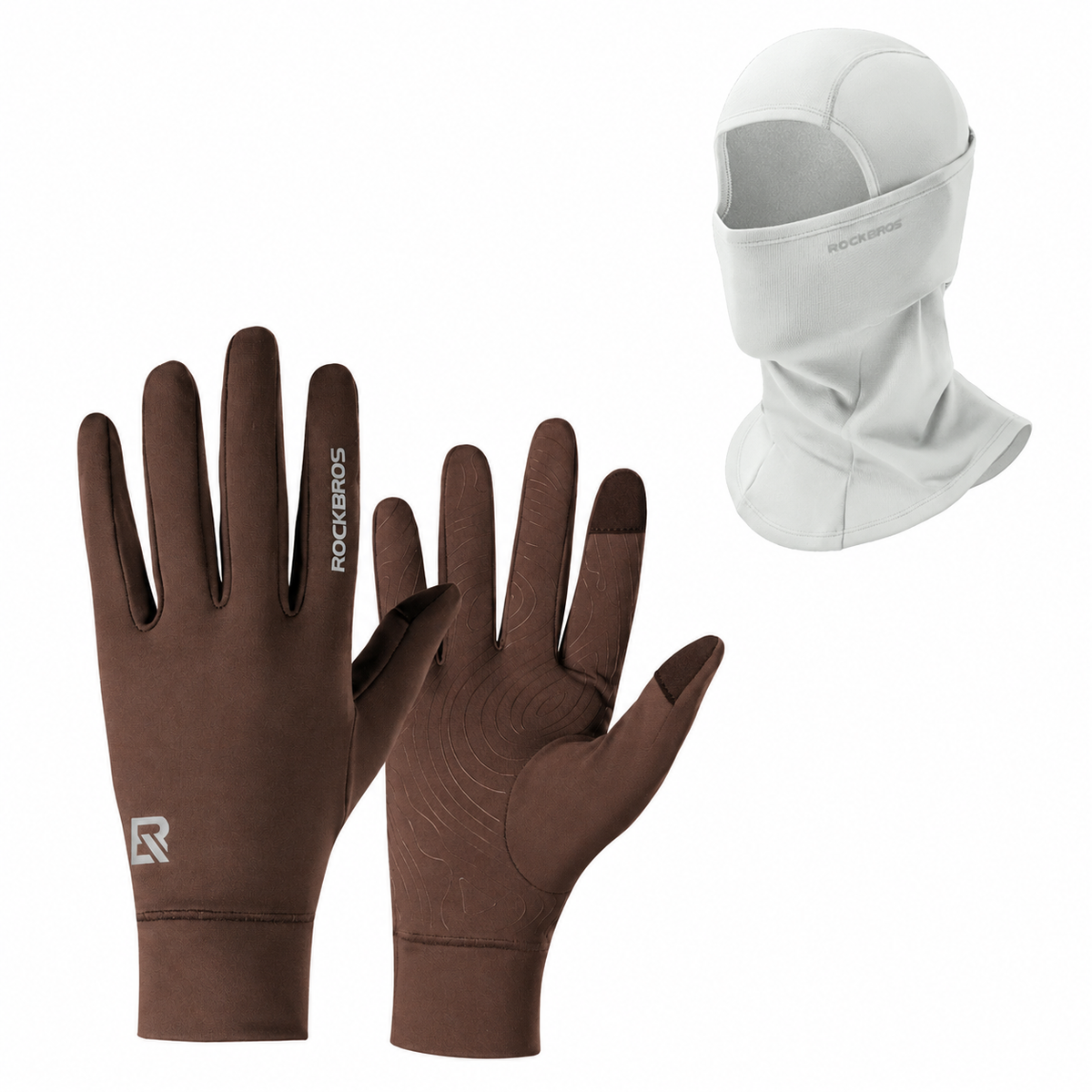 Winter cycling set with White balaclava and Brown touchscreen gloves#Color_White#GloveColor_Brown