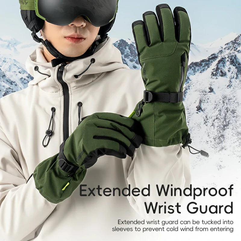 A boy wearing a pair of windproof military green split-finger ski gloves on the snow