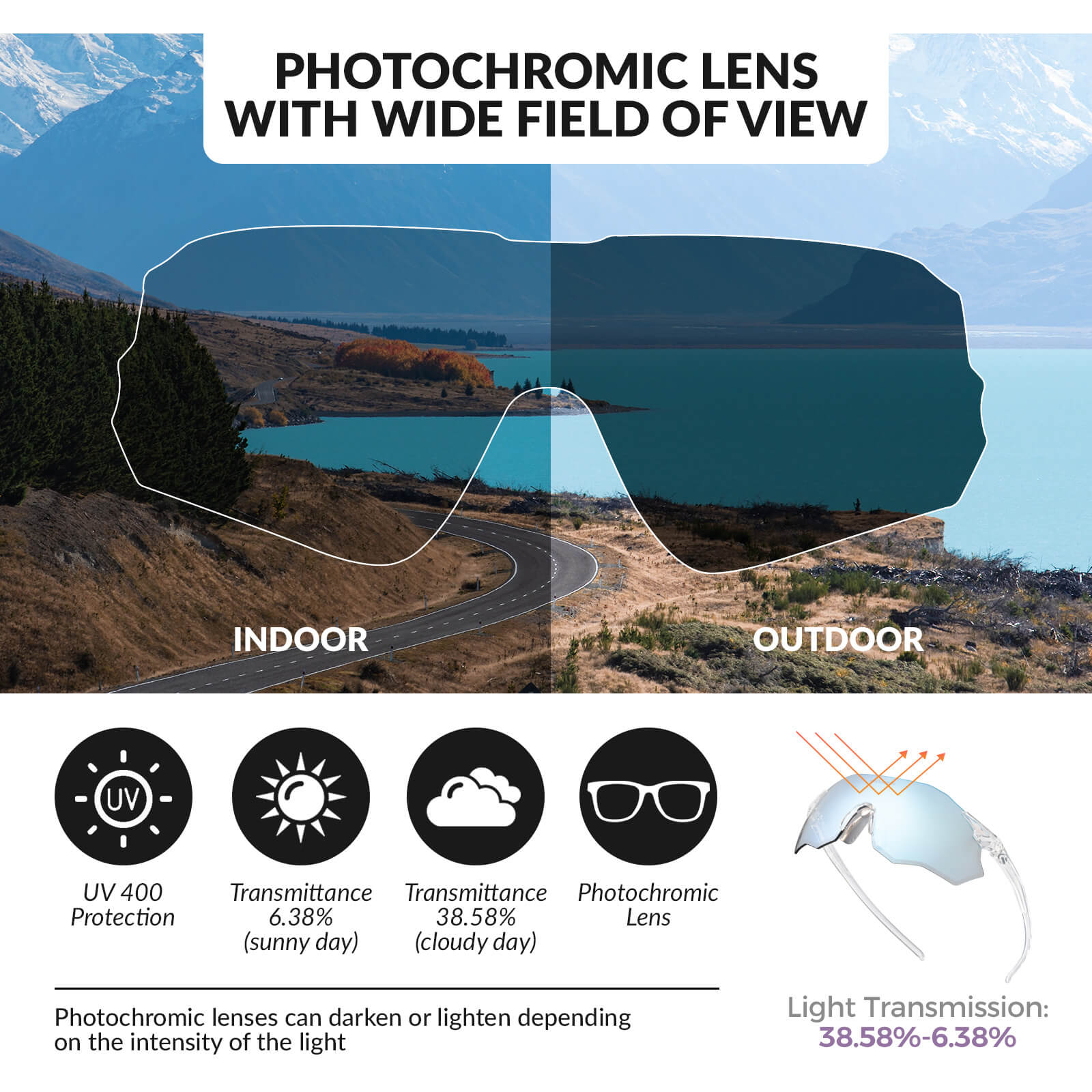 ROCKBROS photochromic or polarised cycling sunglasses SP359, UV400 protection sports eyewear for men and women. #Color_Transparency/Photochromic