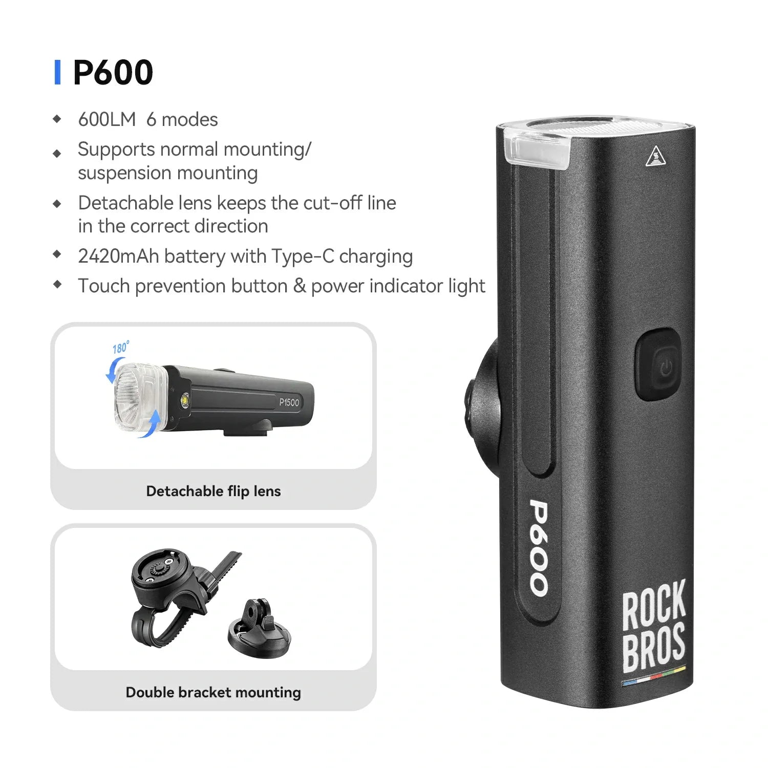 RockBros P600 flashlight with features listed on a white background #size_600LM