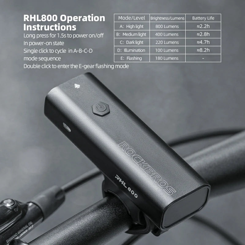 ROCKBROS Bike Light 800 Lumens USB Rechargeable Bike Headlight Super Bright #Type_RHL800